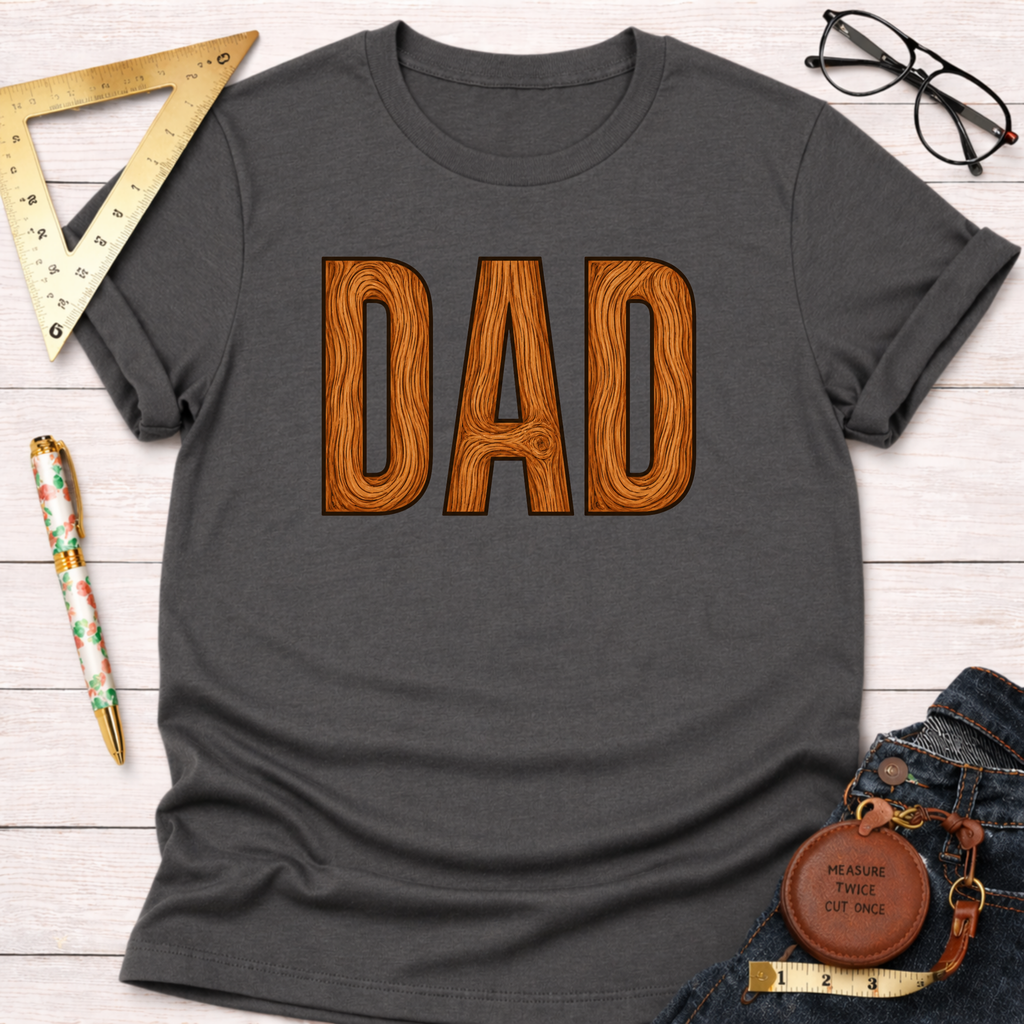 Charcoal gray t-shirt with "DAD" in wood grain letters, styled with glasses, ruler, pen, and jeans.