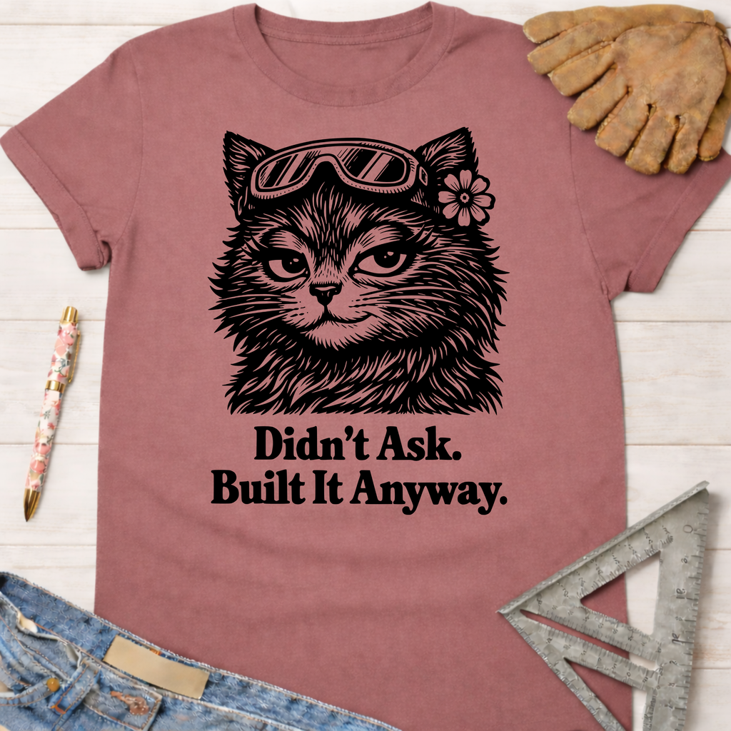 Women's funny woodworking graphic tee shirt for female woodworkers, makers, and DIY builders — Sawdust & Ponytails. Mauve tee with a cat in goggles and "Didn't Ask. Built It Anyway." text.