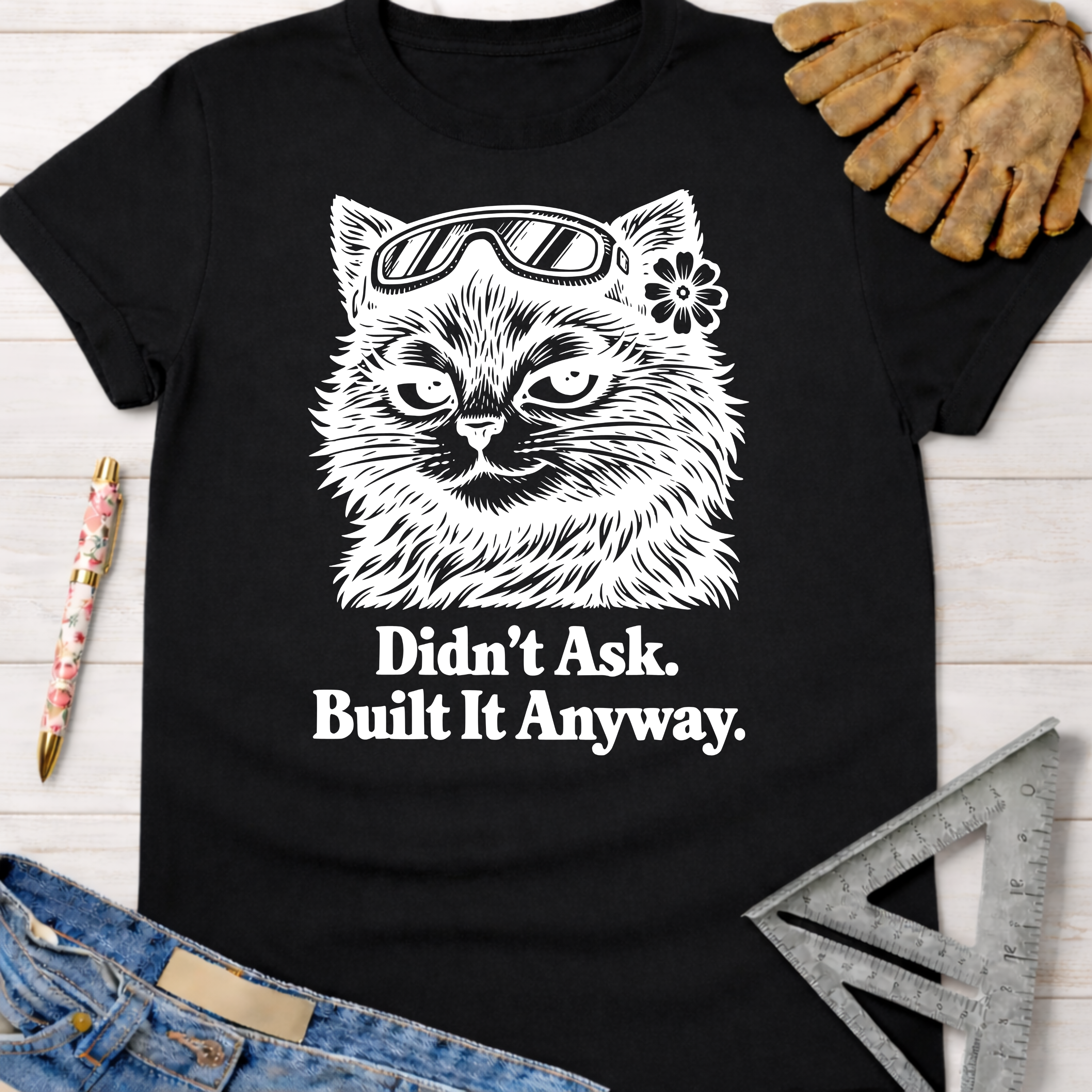Black cotton t-shirt with "Didn't Ask. Built It Anyway." text and a cat wearing goggles graphic. Women's funny woodworking graphic tee shirt for female woodworkers, makers, and DIY builders — Sawdust & Ponytails