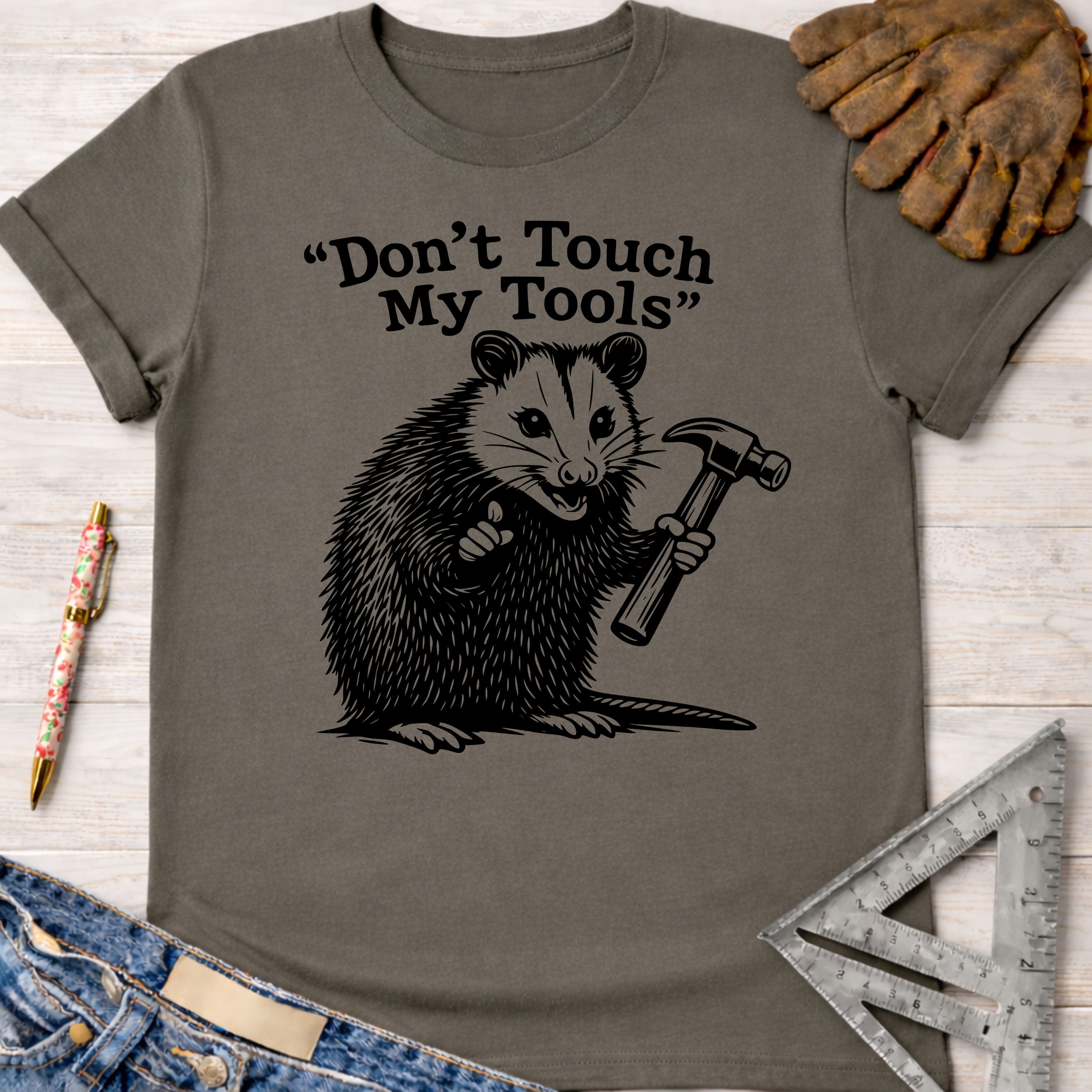 Women's funny woodworking graphic tee shirt for female woodworkers, makers, and DIY builders — Sawdust & Ponytails. Gray t-shirt with a possum holding a hammer and "Don't Touch My Tools" text.