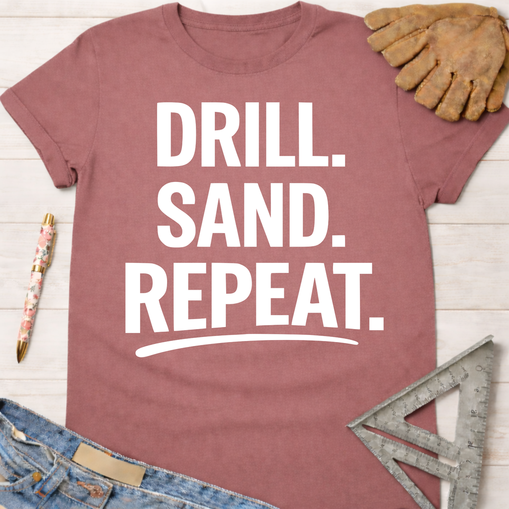 Women's funny woodworking graphic tee shirt for female woodworkers, makers, and DIY builders — Sawdust & Ponytails. Mauve cotton t-shirt with "DRILL. SAND. REPEAT." in white text.