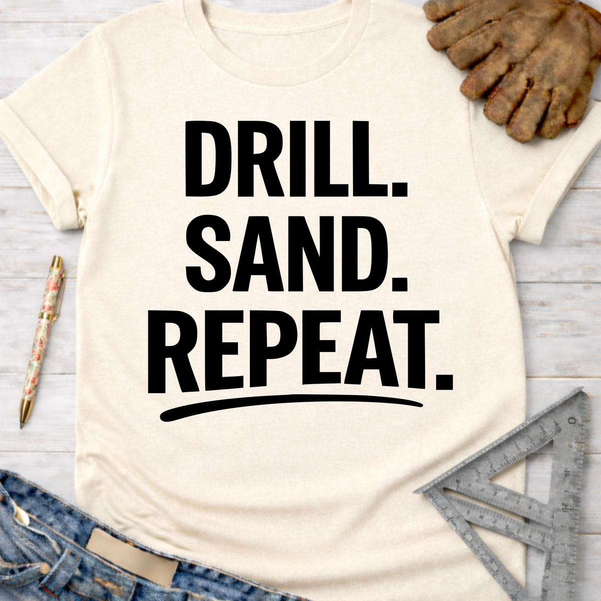 Women's funny woodworking graphic tee shirt for female woodworkers, makers, and DIY builders — Sawdust & Ponytails. Cream t-shirt with "DRILL. SAND. REPEAT." in black text.