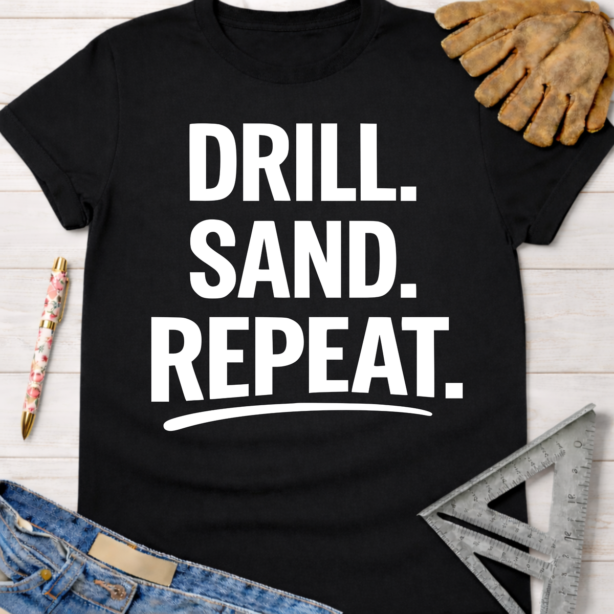 Black cotton "Drill. Sand. Repeat." graphic tee for women, with work gloves and tools. Women's funny woodworking graphic tee shirt for female woodworkers, makers, and DIY builders — Sawdust & Ponytails