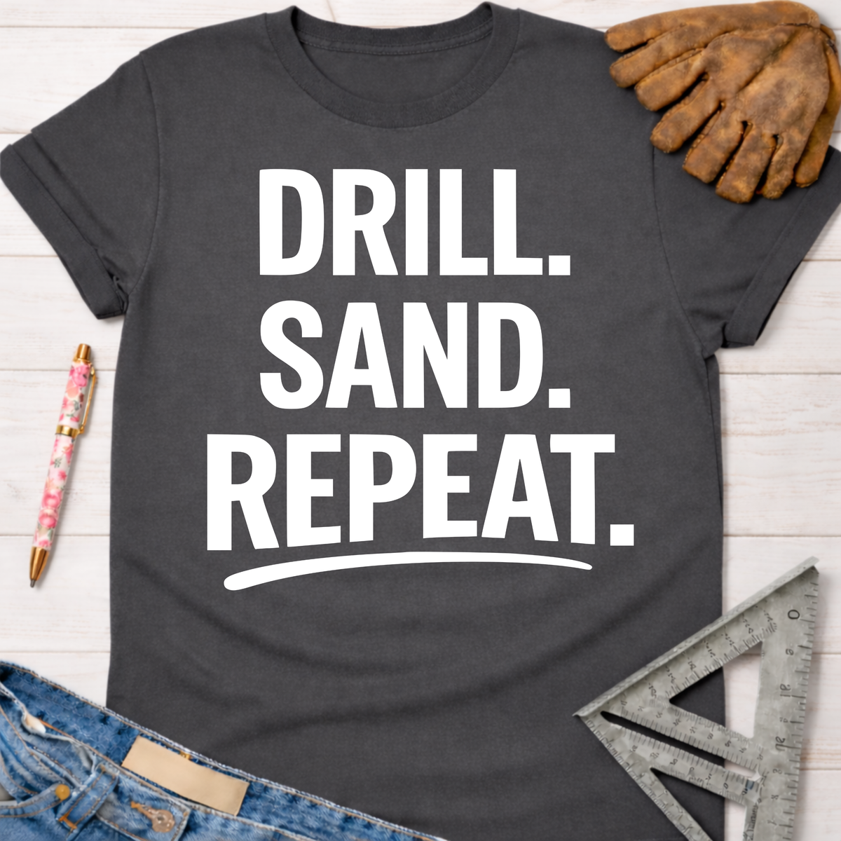 Women's funny woodworking graphic tee shirt for female woodworkers, makers, and DIY builders — Sawdust & Ponytails. Dark gray cotton tee with "DRILL. SAND. REPEAT." in white text.