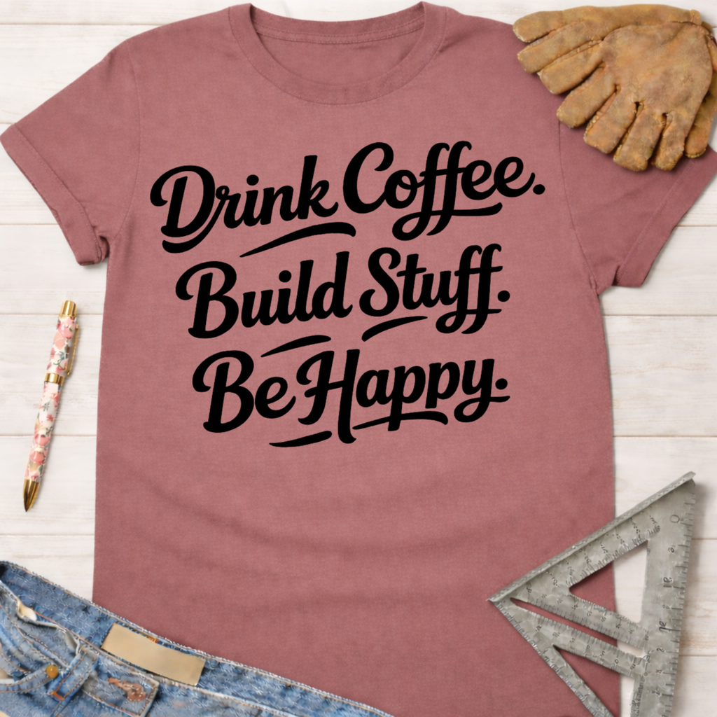 Women's funny woodworking graphic tee shirt for female woodworkers, makers, and DIY builders — Sawdust & Ponytails. Mauve t-shirt with "Drink Coffee. Build Stuff. Be Happy." in black script.