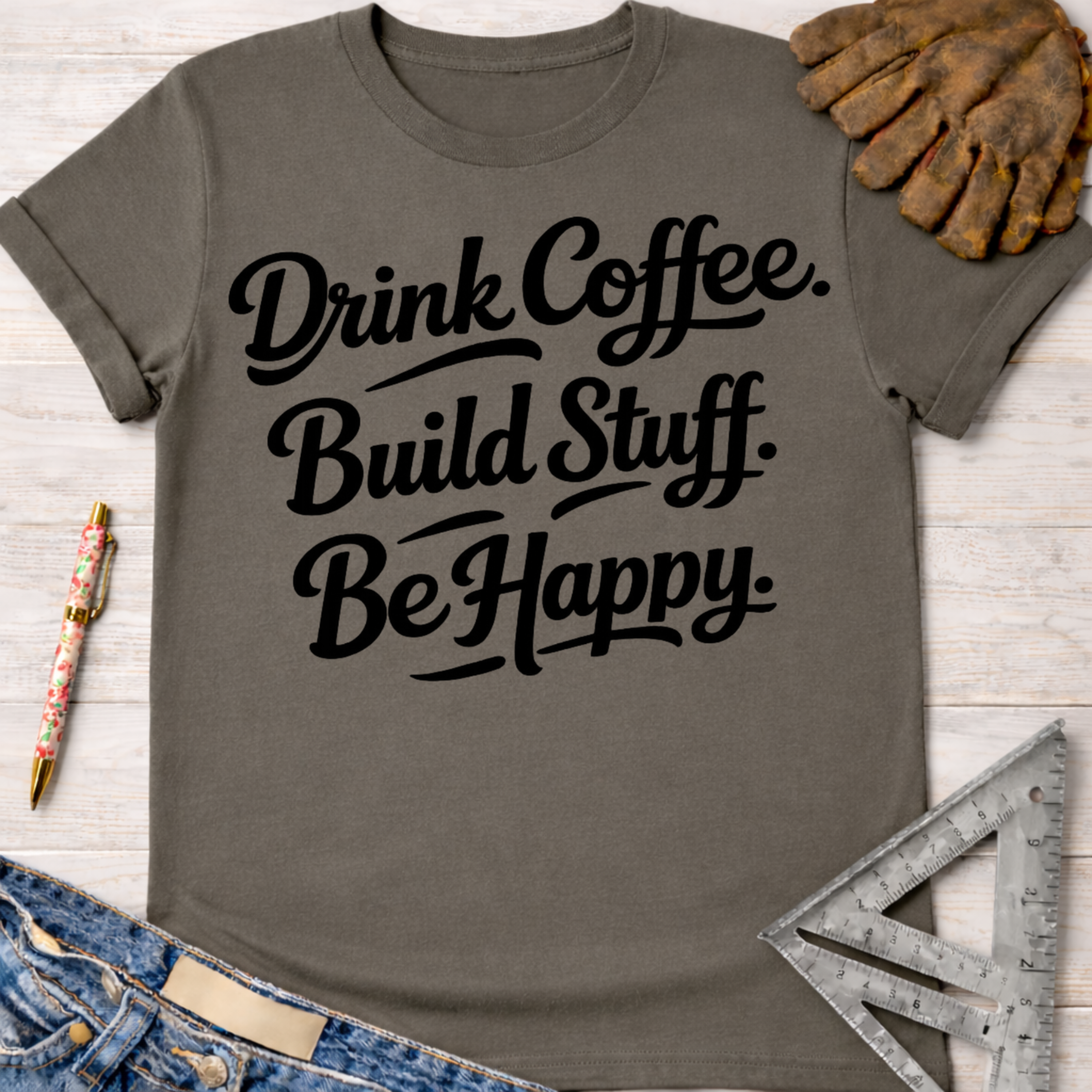Women's funny woodworking graphic tee shirt for female woodworkers, makers, and DIY builders — Sawdust & Ponytails. Dark gray t-shirt with "Drink Coffee. Build Stuff. Be Happy." in black script.