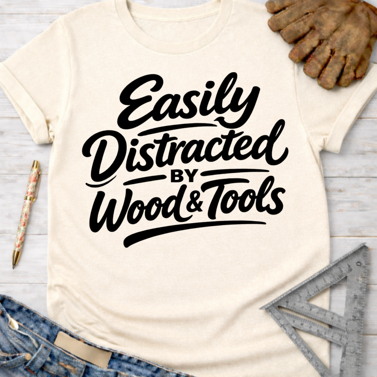 Women's funny woodworking graphic tee shirt for female woodworkers, makers, and DIY builders — Sawdust & Ponytails. Cream t-shirt with "Easily Distracted by Wood & Tools" in black script.