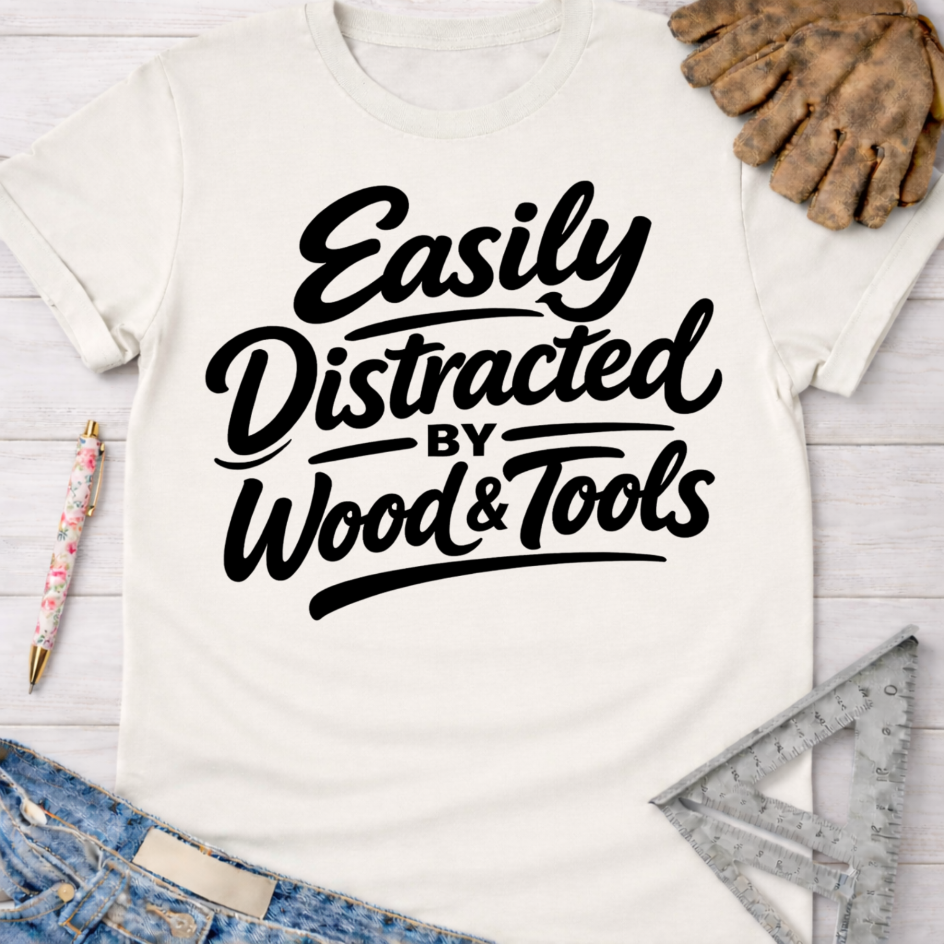 Women's funny woodworking graphic tee shirt for female woodworkers, makers, and DIY builders — Sawdust & Ponytails.