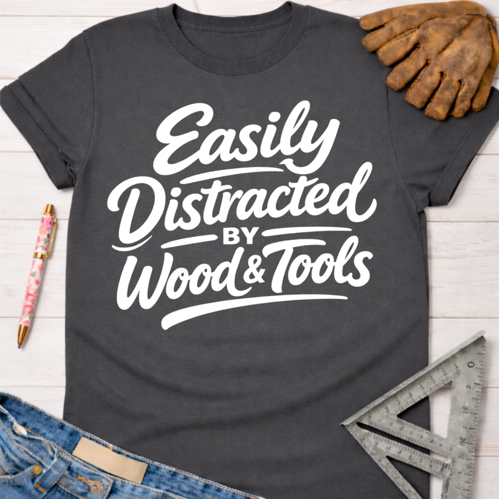 Women's funny woodworking graphic tee shirt for female woodworkers, makers, and DIY builders — Sawdust & Ponytails. Dark gray cotton tee with "Easily Distracted by Wood & Tools" in white script.