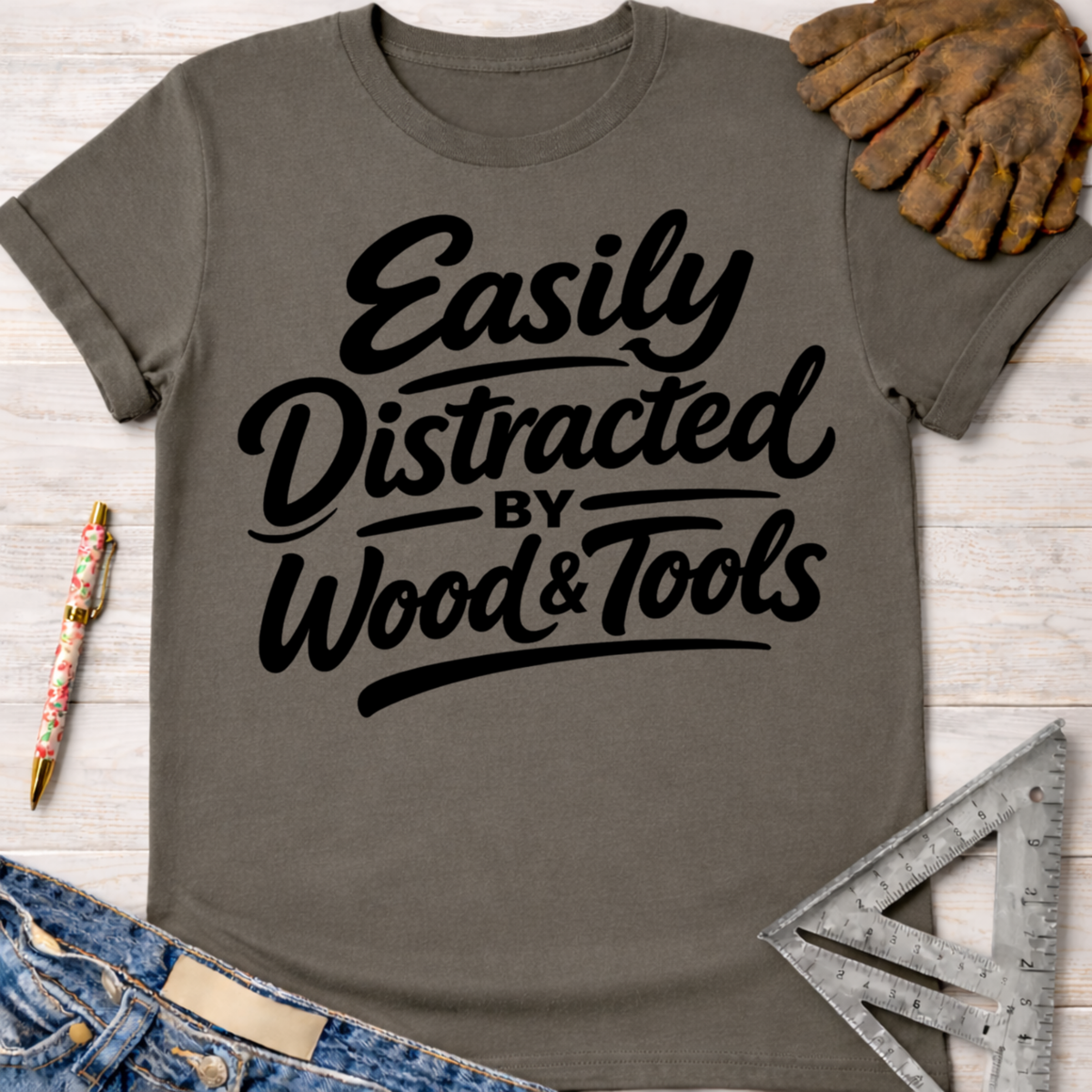 Women's funny woodworking graphic tee shirt for female woodworkers, makers, and DIY builders — Sawdust & Ponytails. Dark gray tee with "Easily Distracted by Wood & Tools" in black script.