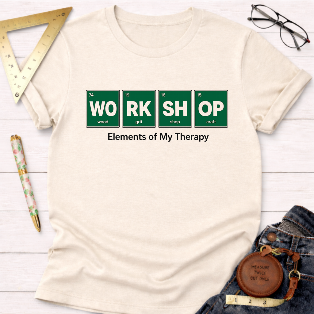 Cream Elements T-Shirt with "WORKSHOP" in green periodic table squares and "Elements of My Therapy" text.