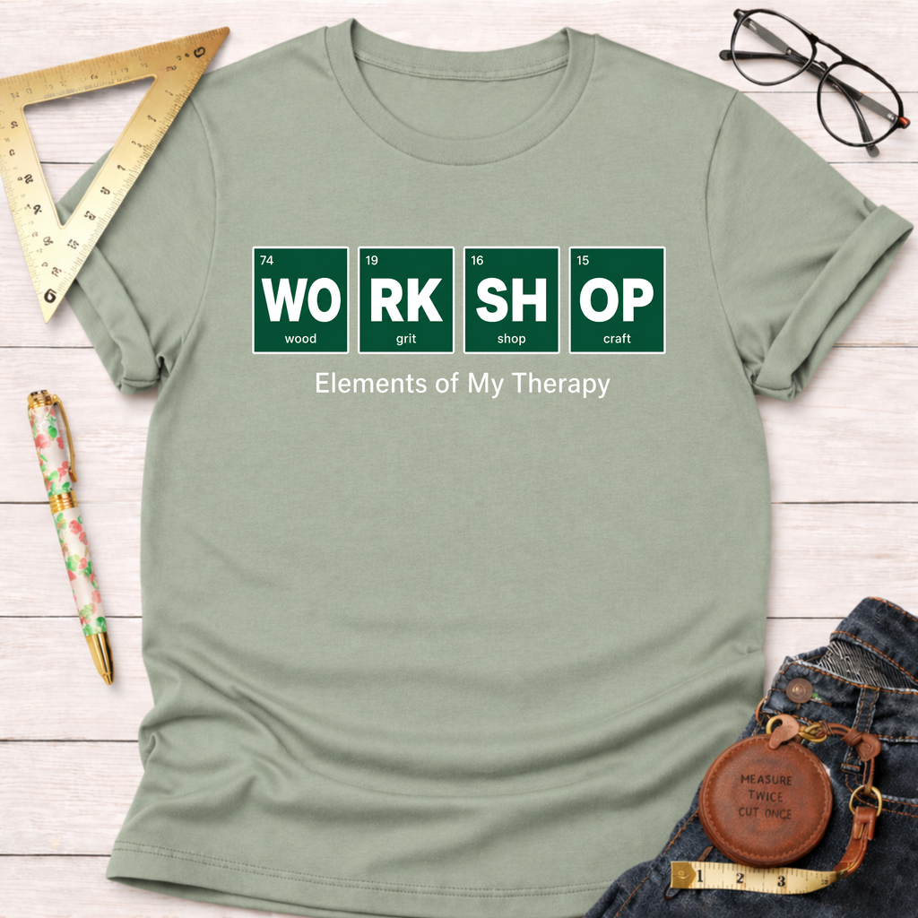 Sage green "WORKSHOP Elements of My Therapy" t-shirt with periodic table design.