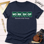 Navy blue Elements T-shirt with "WORK SHOP" in green periodic table style, "Elements of My Therapy" text.