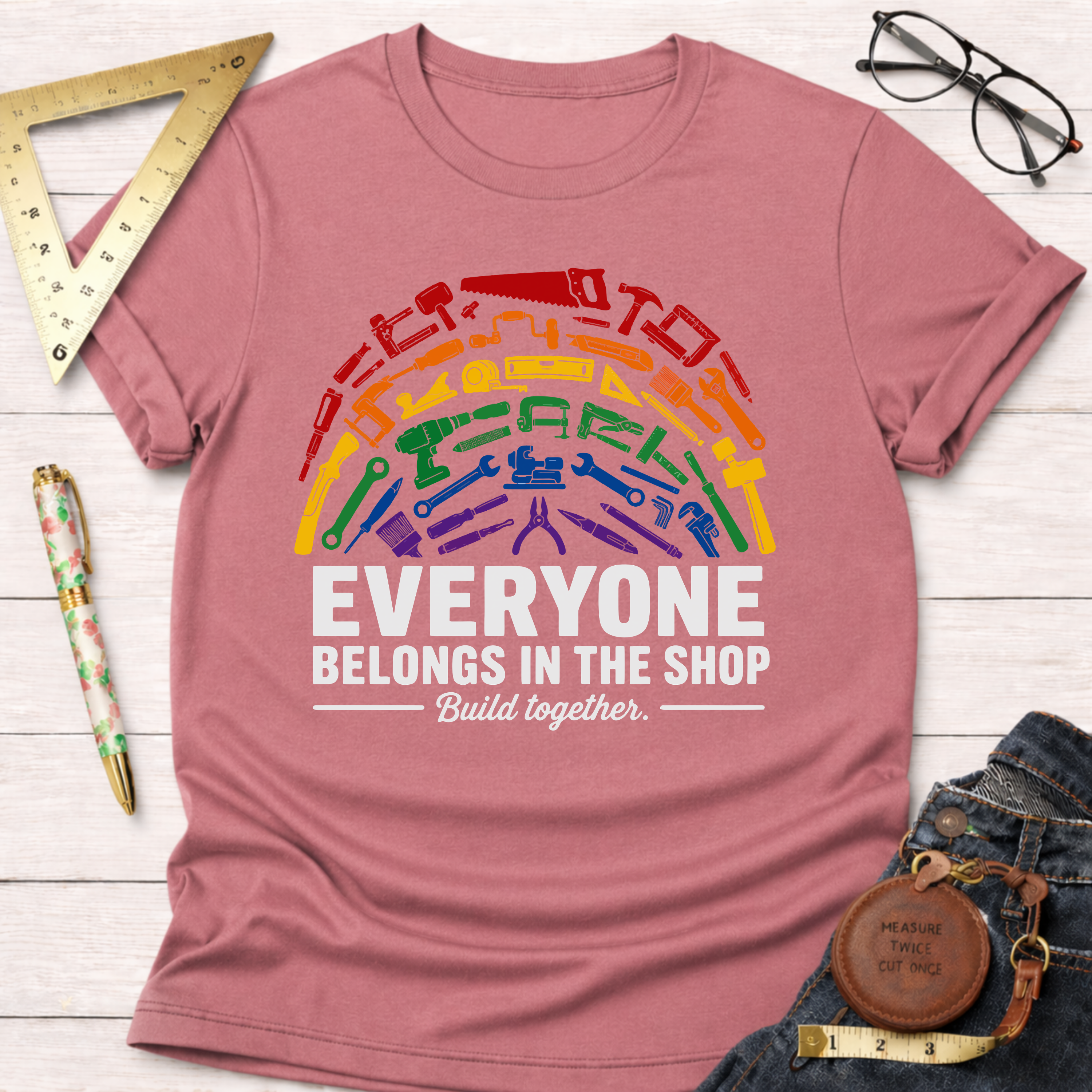 Unisex dusty rose t-shirt with a rainbow of tools and "Everyone Belongs In The Shop Build together" text.