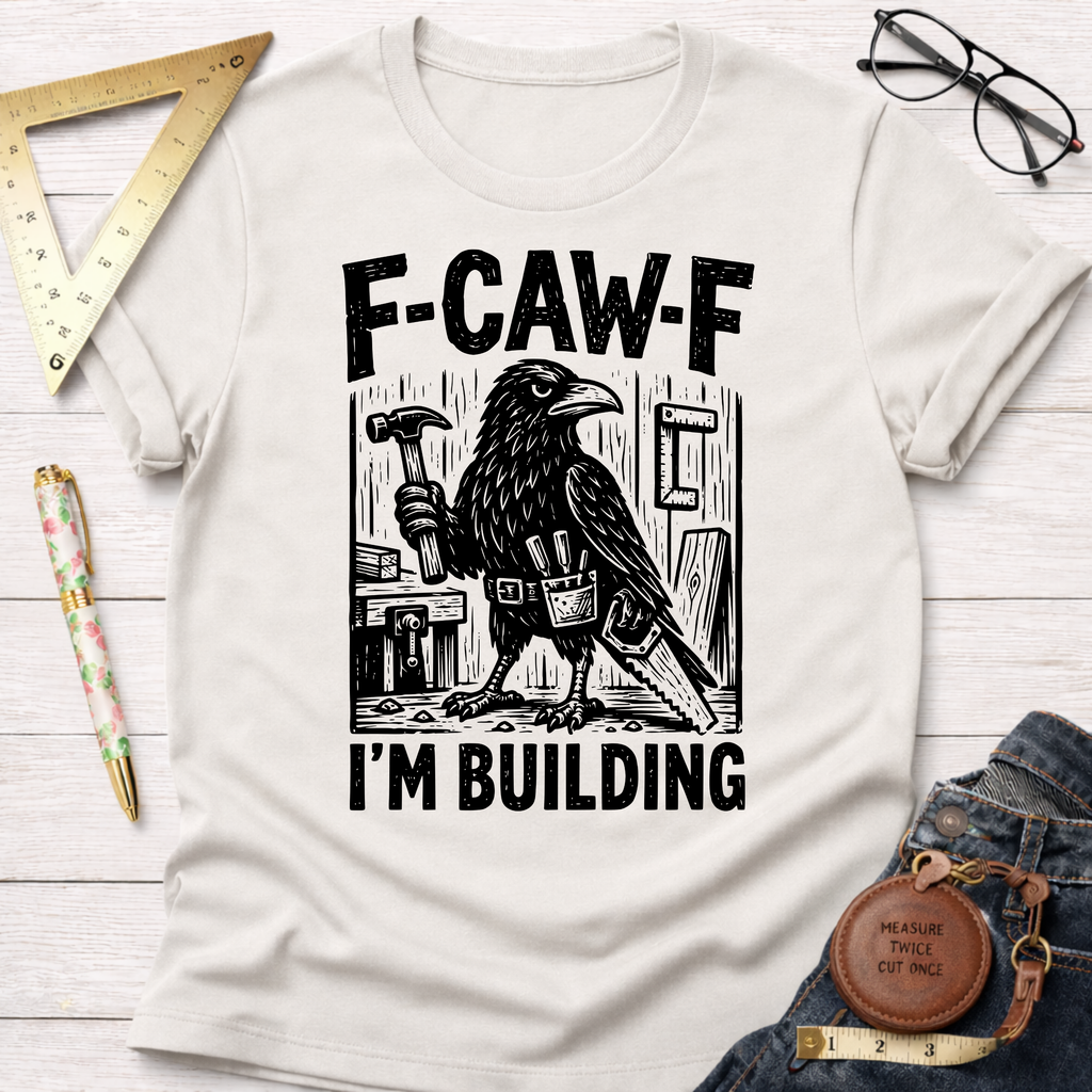 Women's funny woodworking graphic tee shirt for female woodworkers, makers, and DIY builders — Sawdust & Ponytails. Cream cotton tee with a black crow holding a hammer and "F-CAW-F I'M BUILDING" text.