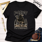 Black cotton t-shirt with a crow builder graphic, "F-CAW-F, I'm Building" text.