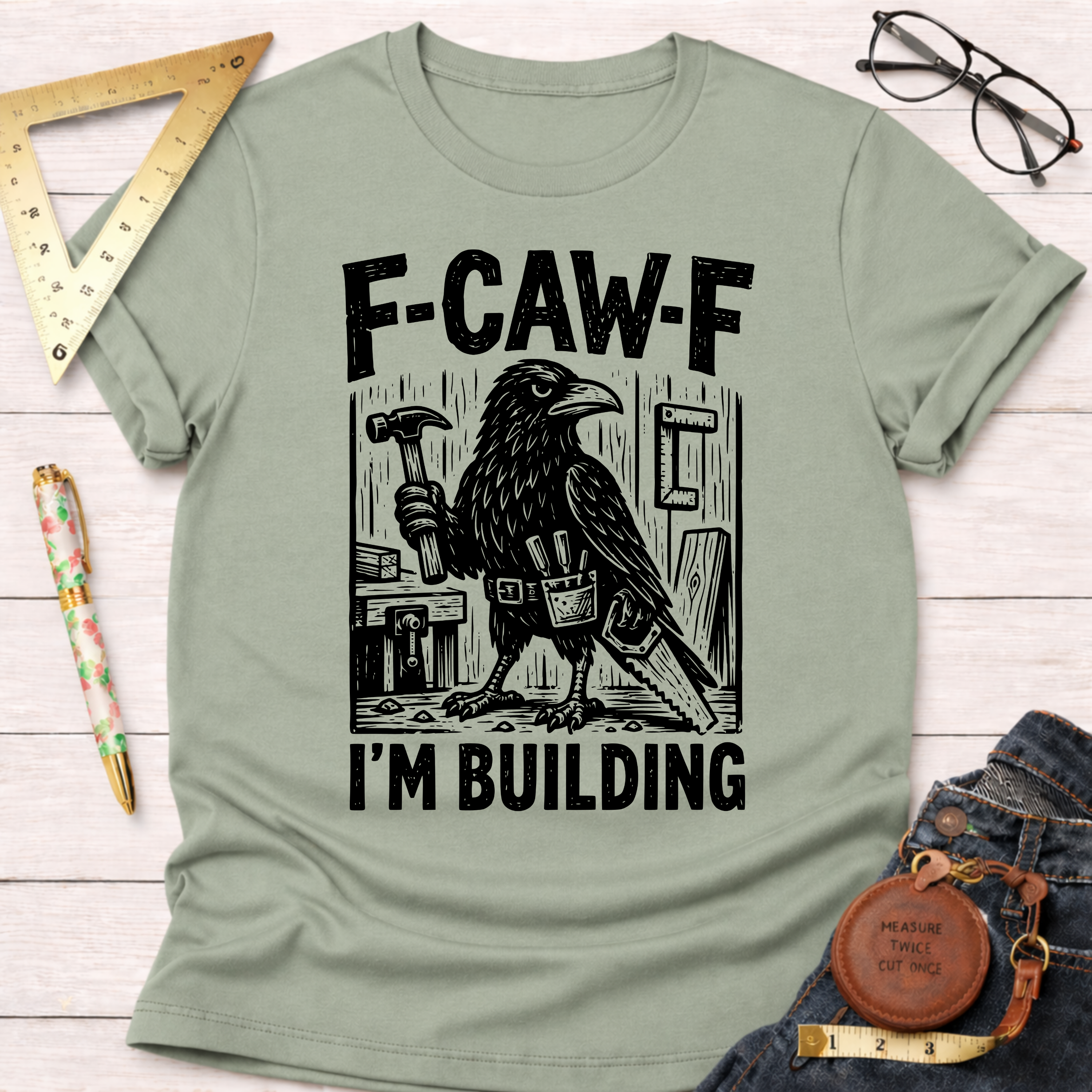 Sage green cotton "F-CAW-F I'm Building" tee with a crow carpenter graphic. Women's funny woodworking graphic tee shirt for female woodworkers, makers, and DIY builders — Sawdust & Ponytails.