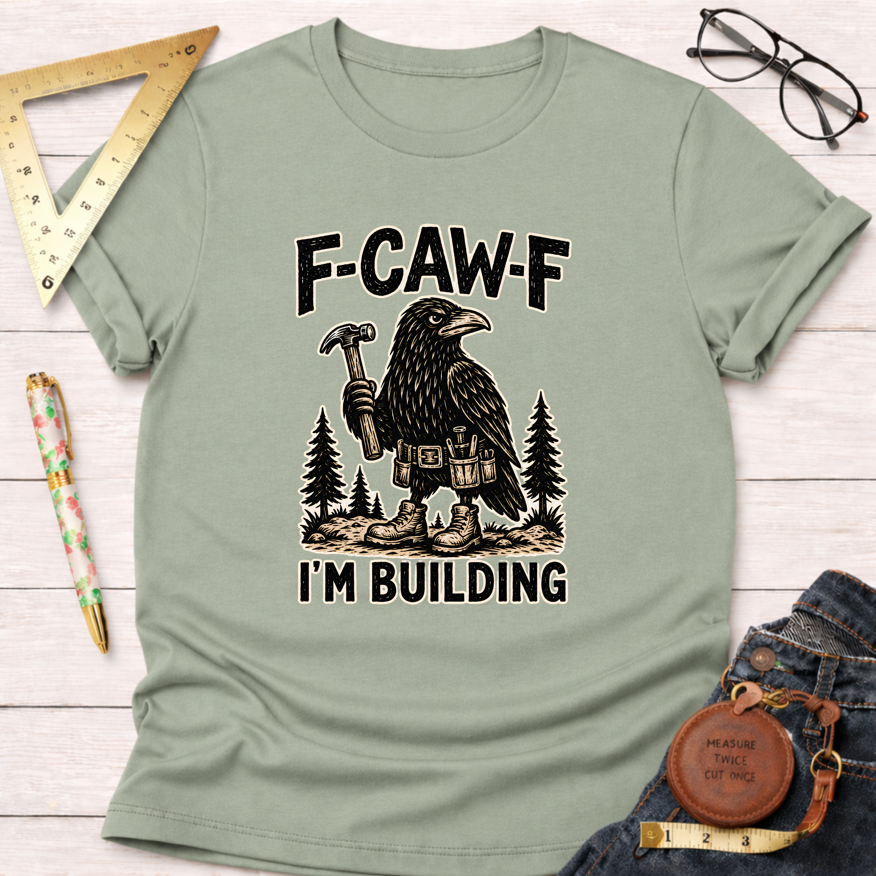 Sage green cotton t-shirt with "F-CAW-F, I'm Building" text and a crow holding a hammer.