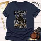 Navy blue heather t-shirt with a black and white graphic of a crow builder holding a hammer.