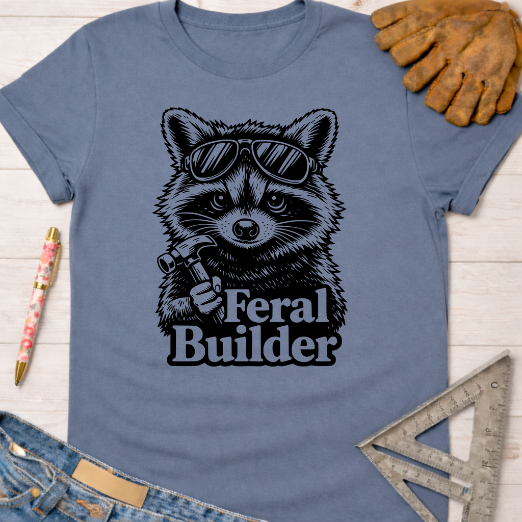Women's funny woodworking graphic tee shirt for female woodworkers, makers, and DIY builders — Sawdust & Ponytails. Blue cotton tee with a raccoon in sunglasses holding a hammer, text "Feral Builder".