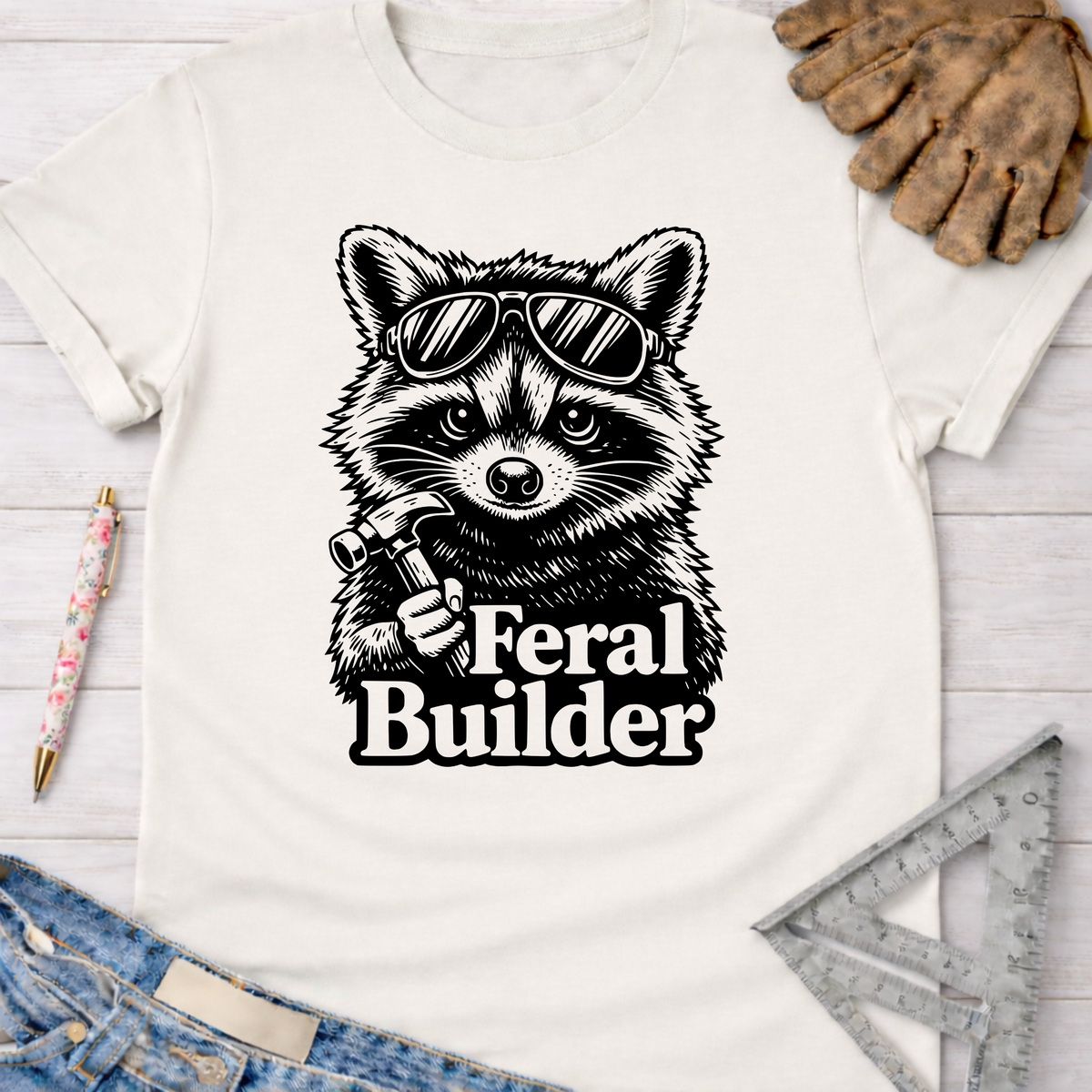 Women's funny woodworking graphic tee shirt for female woodworkers, makers, and DIY builders — Sawdust & Ponytails. Cream t-shirt with a cool raccoon in sunglasses holding a hammer and "Feral Builder" text.