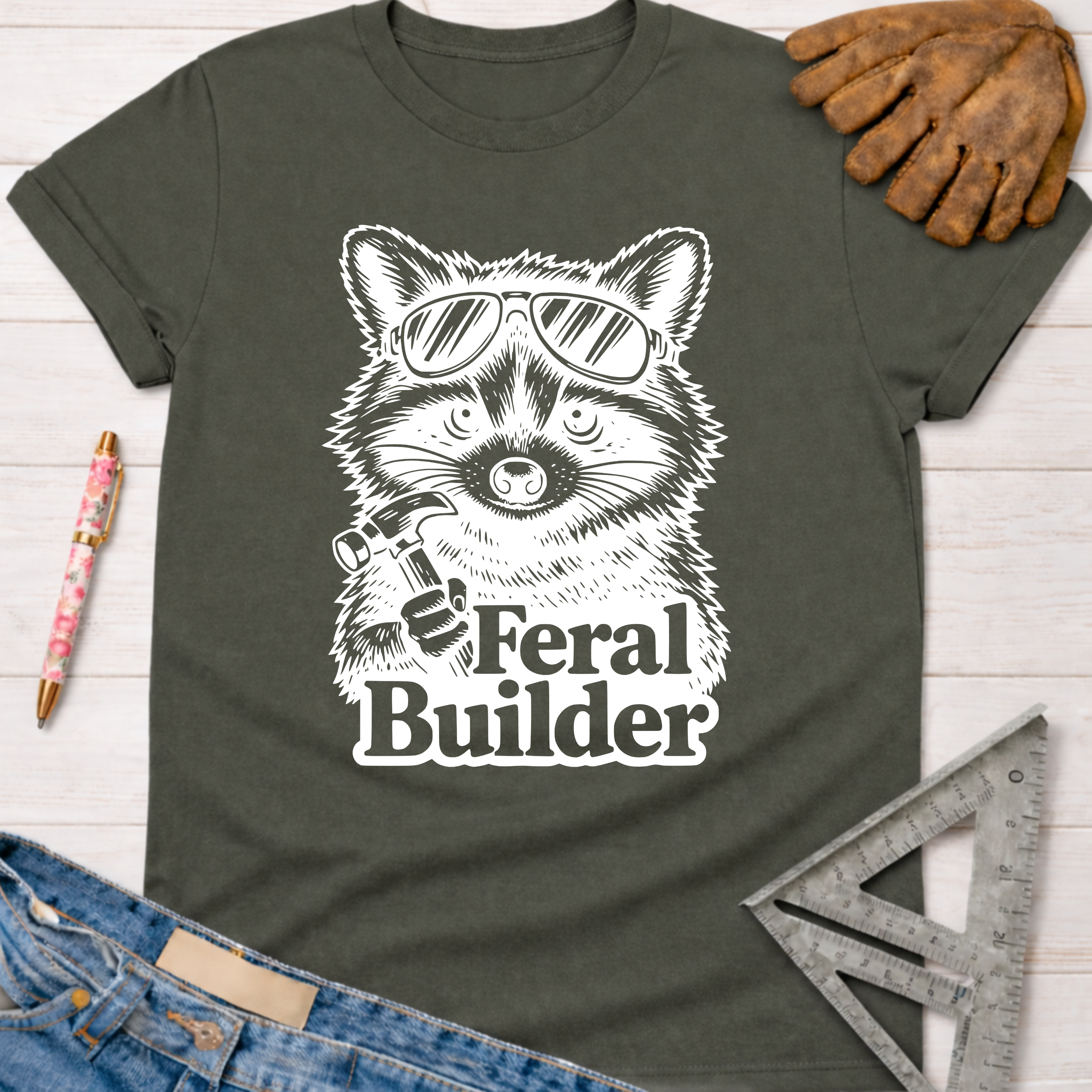 Dark gray Feral Builder T-shirt with a raccoon in sunglasses holding a hammer. Women's funny woodworking graphic tee shirt for female woodworkers, makers, and DIY builders — Sawdust & Ponytails.