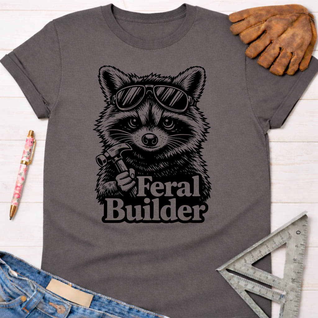 Charcoal gray Feral Builder T-shirt with a raccoon in sunglasses holding a hammer. Women's funny woodworking graphic tee shirt for female woodworkers, makers, and DIY builders — Sawdust & Ponytails.