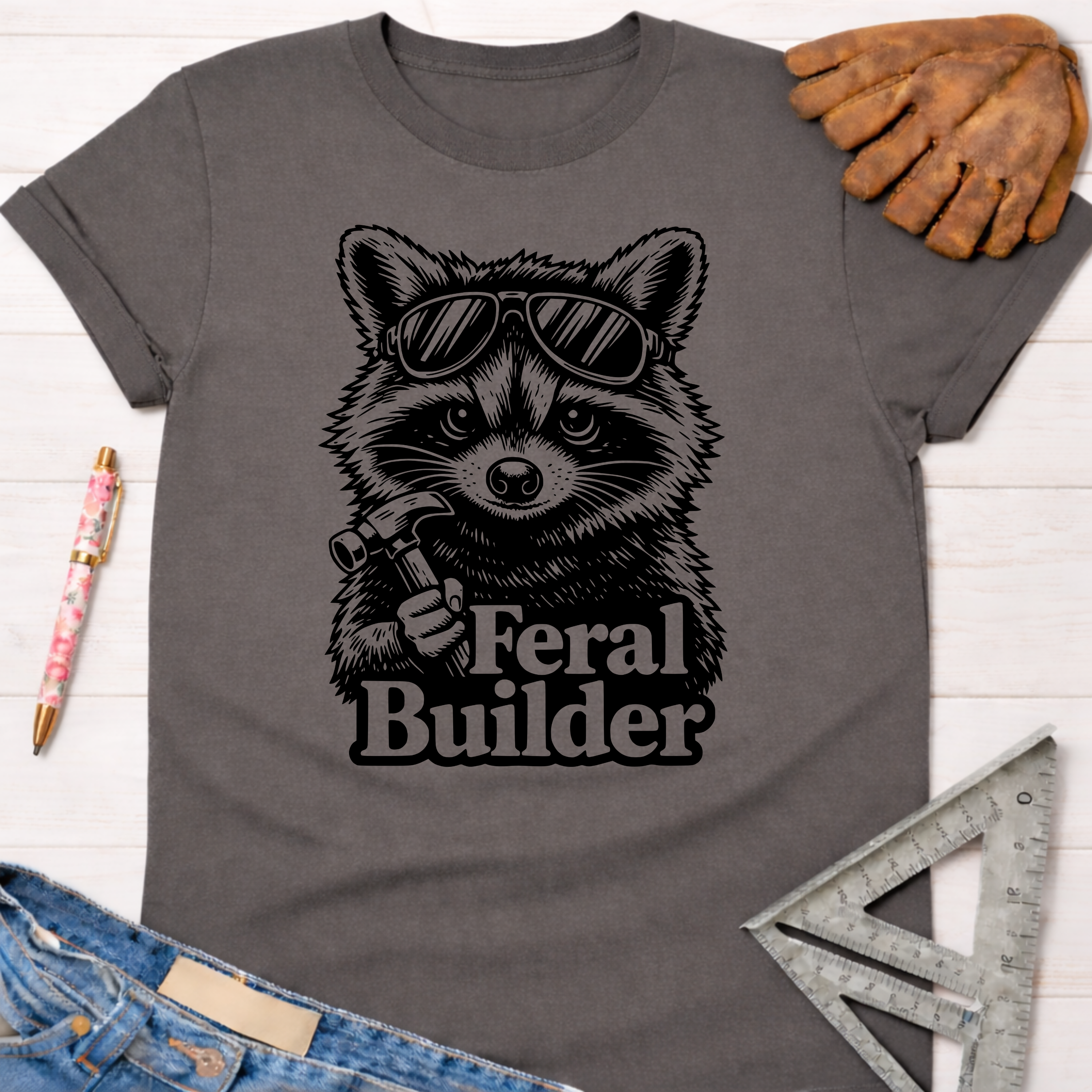 Charcoal gray Feral Builder T-shirt with a raccoon in sunglasses holding a hammer. Women's funny woodworking graphic tee shirt for female woodworkers, makers, and DIY builders — Sawdust & Ponytails.