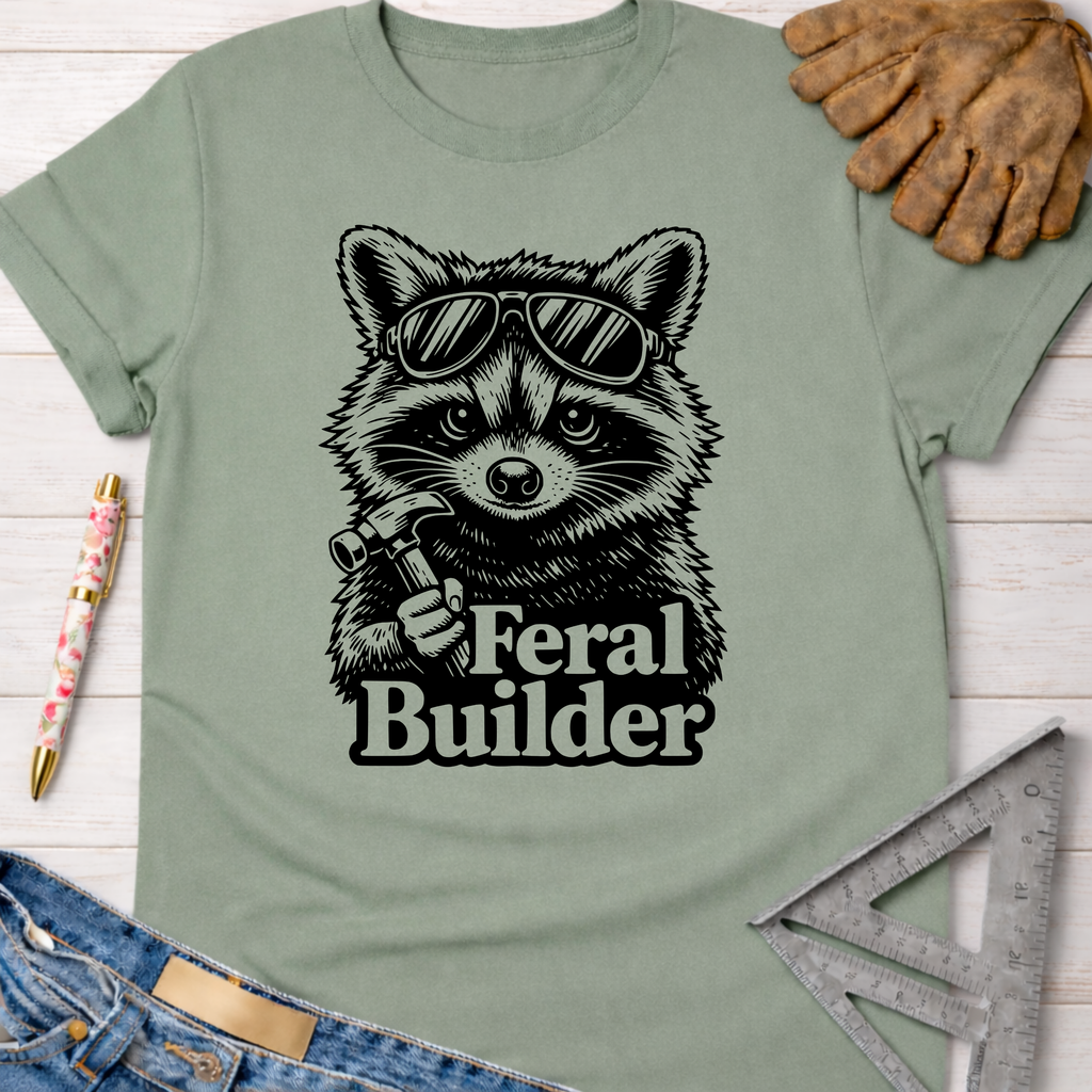 Sage green Feral Builder T-shirt with a raccoon in sunglasses holding a hammer, Women's funny woodworking graphic tee shirt for female woodworkers, makers, and DIY builders — Sawdust & Ponytails