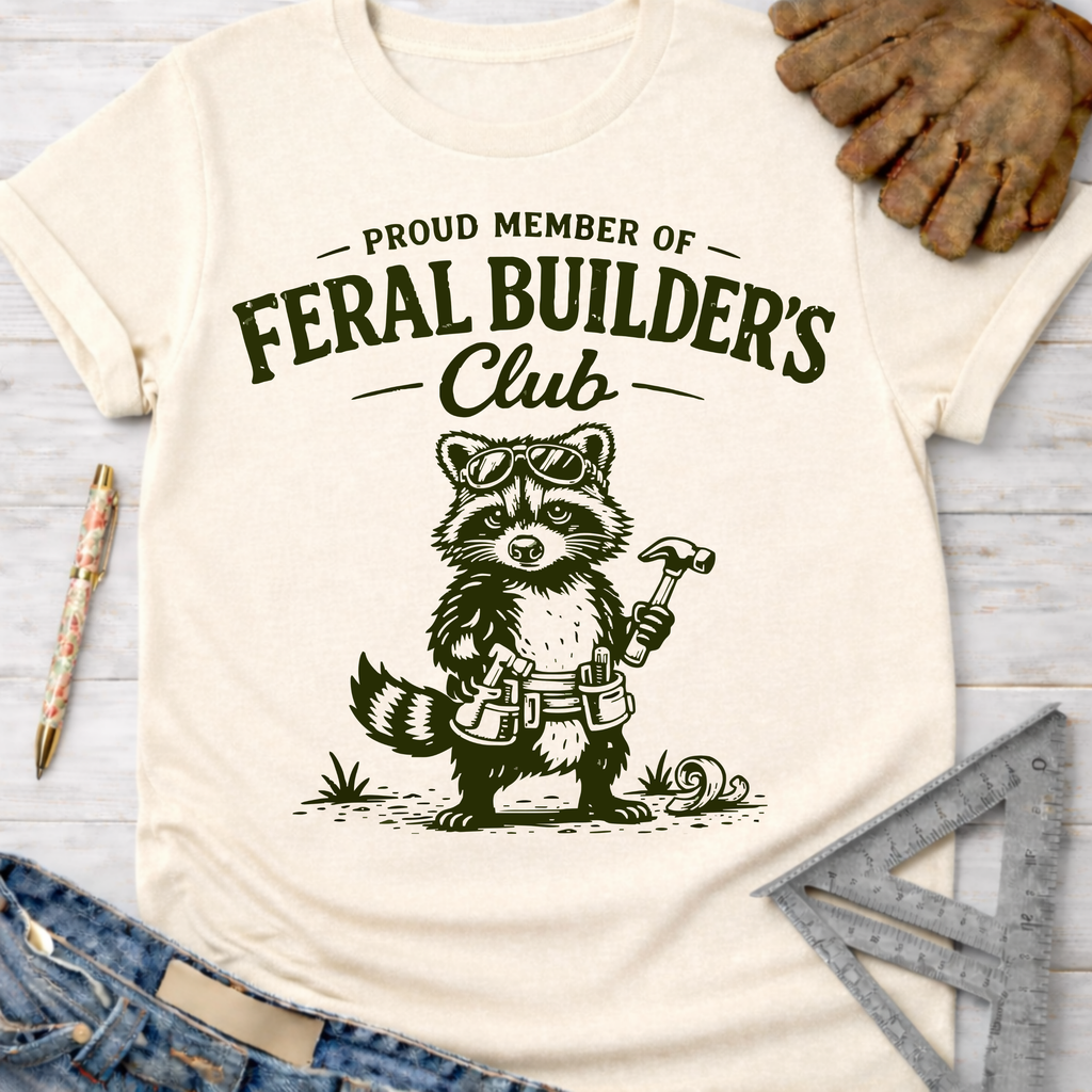 Women's funny woodworking graphic tee shirt for female woodworkers, makers, and DIY builders — Sawdust & Ponytails. Cream t-shirt with a raccoon wearing sunglasses and a tool belt, holding a hammer.