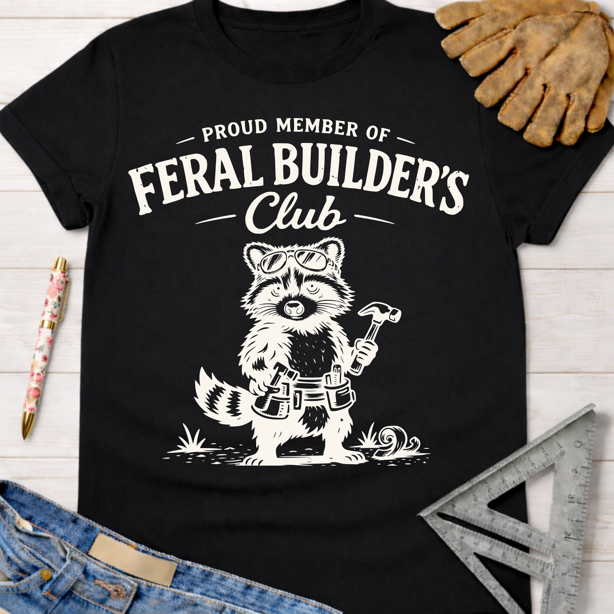 Black women's funny woodworking graphic tee with a raccoon builder, Sawdust & Ponytails.