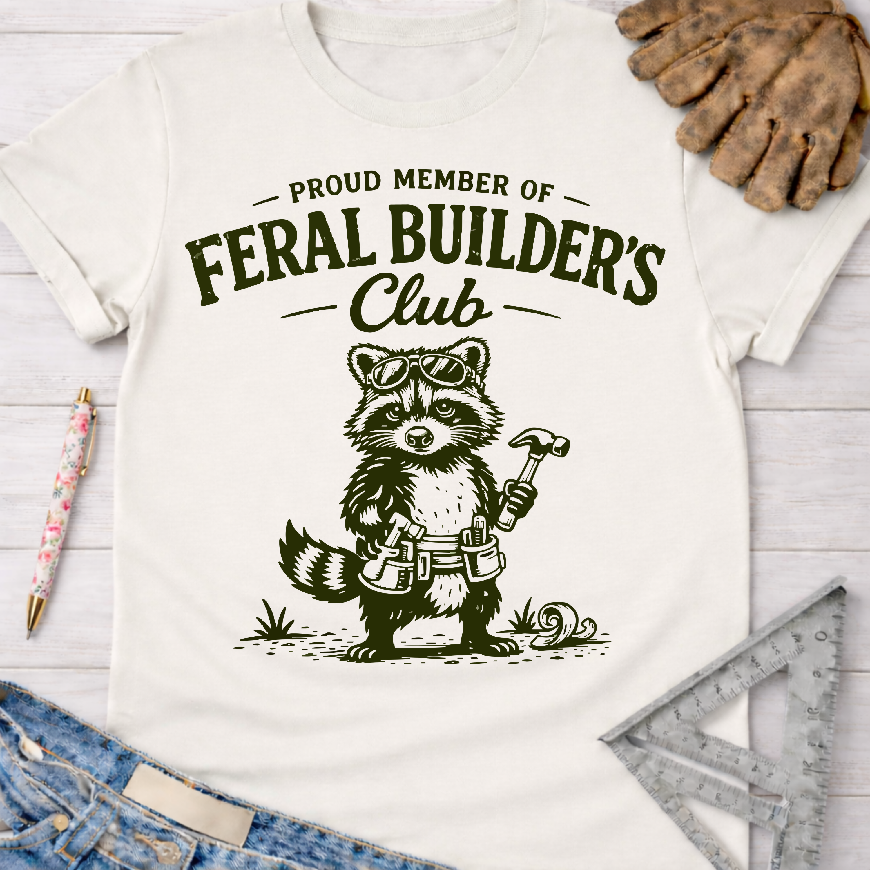 Women's funny woodworking graphic tee shirt for female woodworkers, makers, and DIY builders — Sawdust & Ponytails. Cream t-shirt with a raccoon wearing sunglasses and a tool belt, holding a hammer.