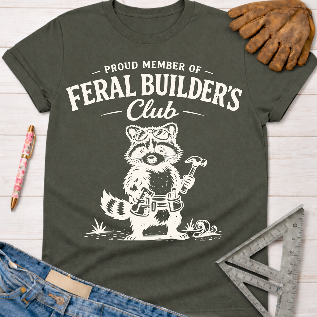 Women's funny woodworking graphic tee shirt for female woodworkers, makers, and DIY builders — Sawdust & Ponytails. Dark gray t-shirt with a white graphic of a raccoon wearing goggles and holding tools.
