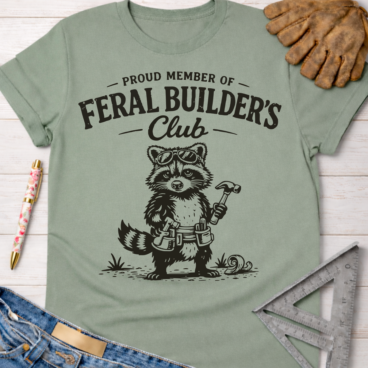 Women's funny woodworking graphic tee shirt for female woodworkers, makers, and DIY builders — Sawdust & Ponytails. Sage green cotton tee with a raccoon in sunglasses and a tool belt holding a hammer.