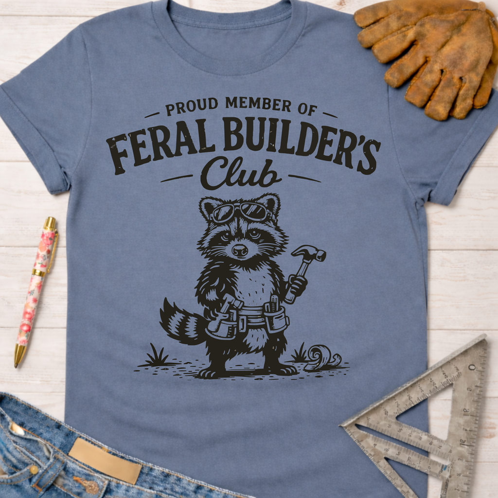 Women's funny woodworking graphic tee shirt for female woodworkers, makers, and DIY builders — Sawdust & Ponytails. Blue cotton tee with a raccoon in sunglasses and tool belt.