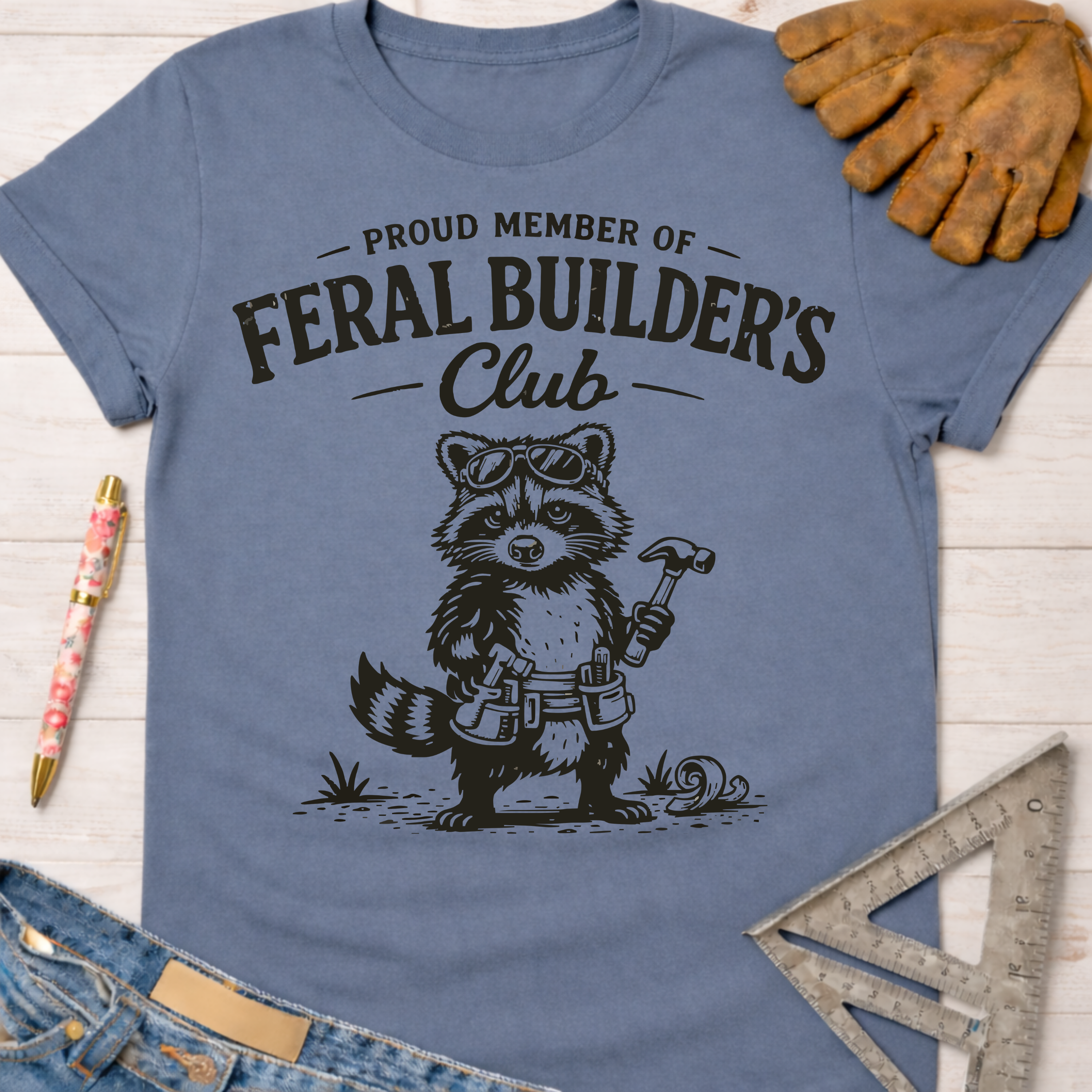 Women's funny woodworking graphic tee shirt for female woodworkers, makers, and DIY builders — Sawdust & Ponytails. Blue cotton tee with a raccoon in sunglasses and tool belt.