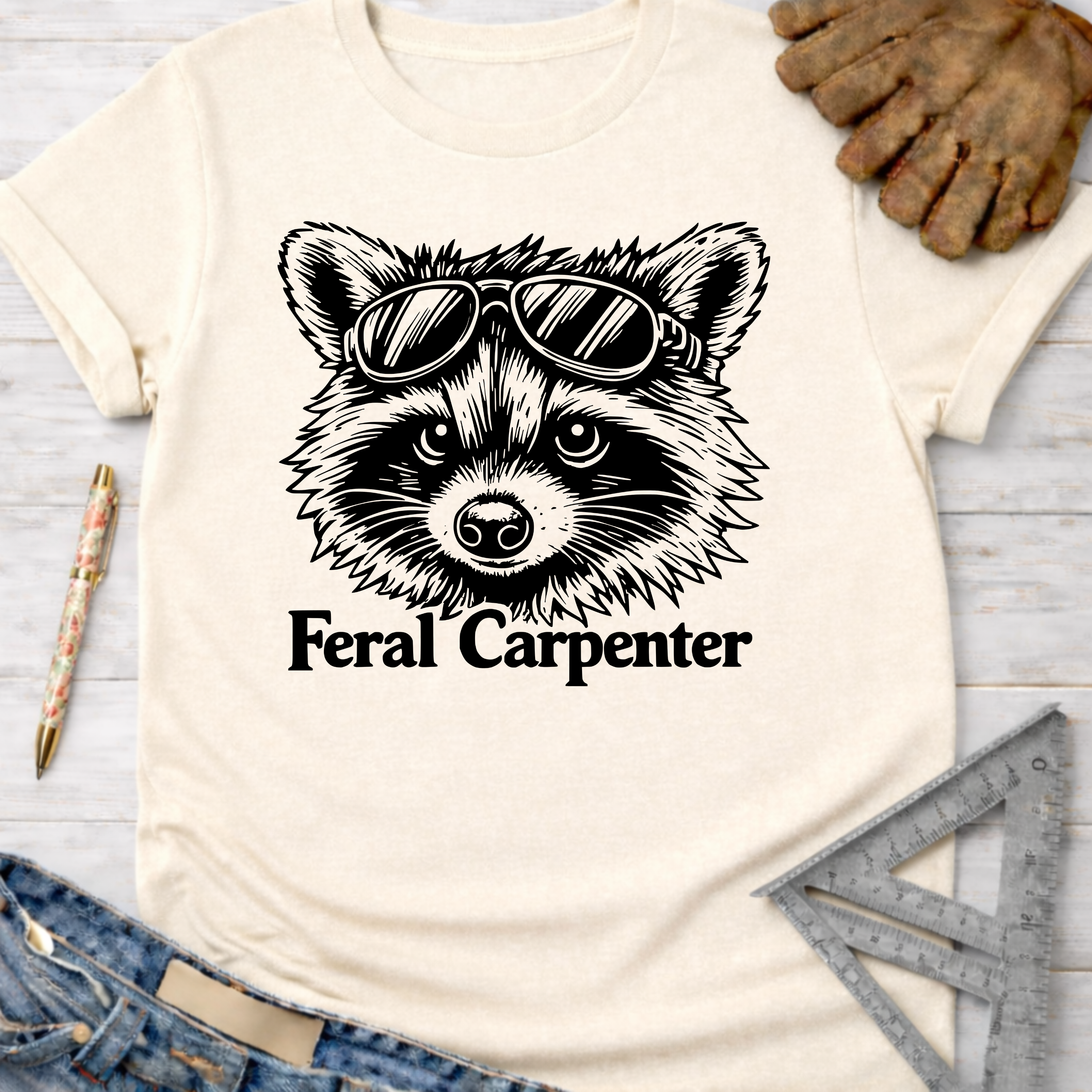 Women's funny woodworking graphic tee shirt for female woodworkers, makers, and DIY builders — Sawdust & Ponytails. Cream Feral Carpenter t-shirt with a raccoon in sunglasses.