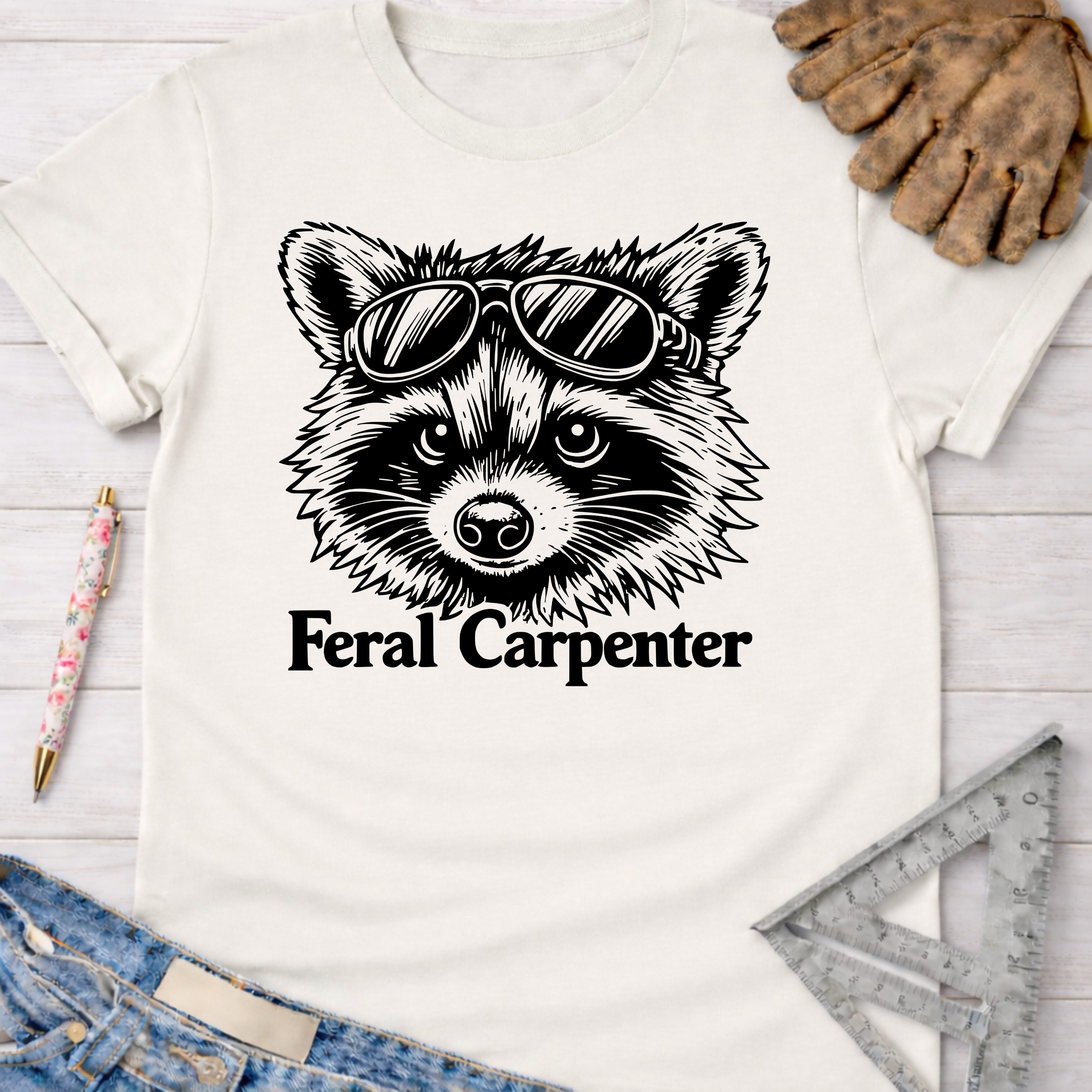 Cream Feral Carpenter T-shirt with a raccoon in sunglasses graphic. Women's funny woodworking graphic tee shirt for female woodworkers, makers, and DIY builders — Sawdust & Ponytails