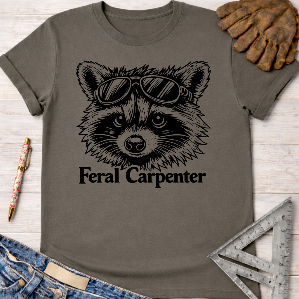 Charcoal gray Feral Carpenter t-shirt with a raccoon wearing sunglasses graphic. Women's funny woodworking graphic tee shirt for female woodworkers, makers, and DIY builders — Sawdust & Ponytails