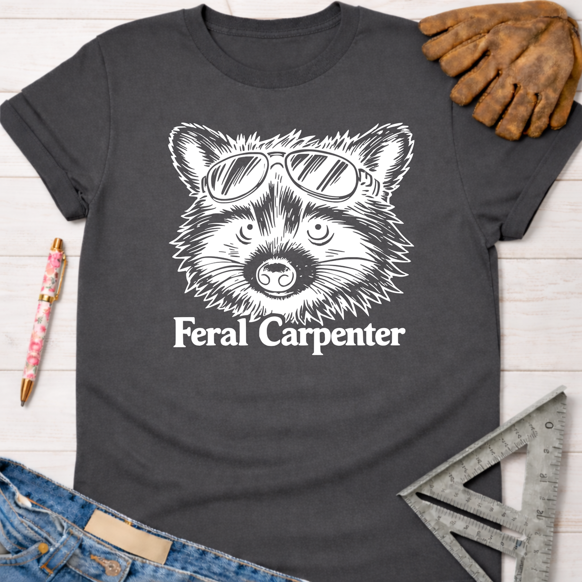 Charcoal Feral Carpenter t-shirt with a raccoon wearing sunglasses graphic. Women's funny woodworking graphic tee shirt for female woodworkers, makers, and DIY builders — Sawdust & Ponytails.