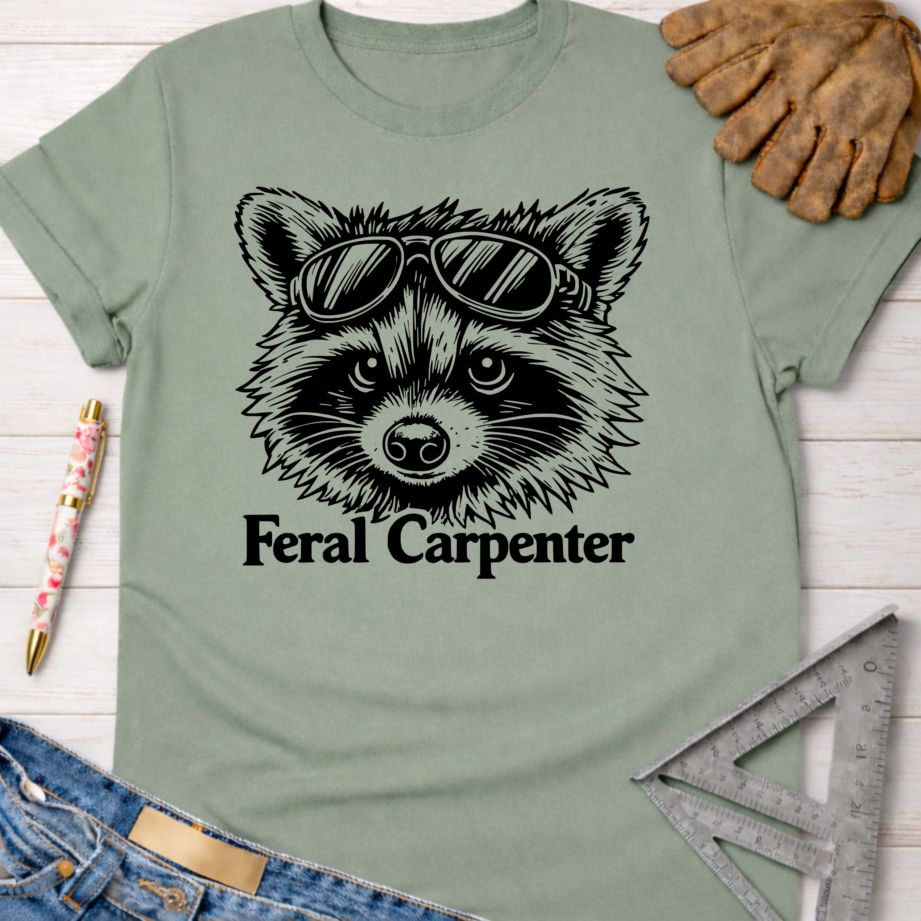 Sage green Feral Carpenter t-shirt with a raccoon in sunglasses graphic. Women's funny woodworking graphic tee shirt for female woodworkers, makers, and DIY builders — Sawdust & Ponytails