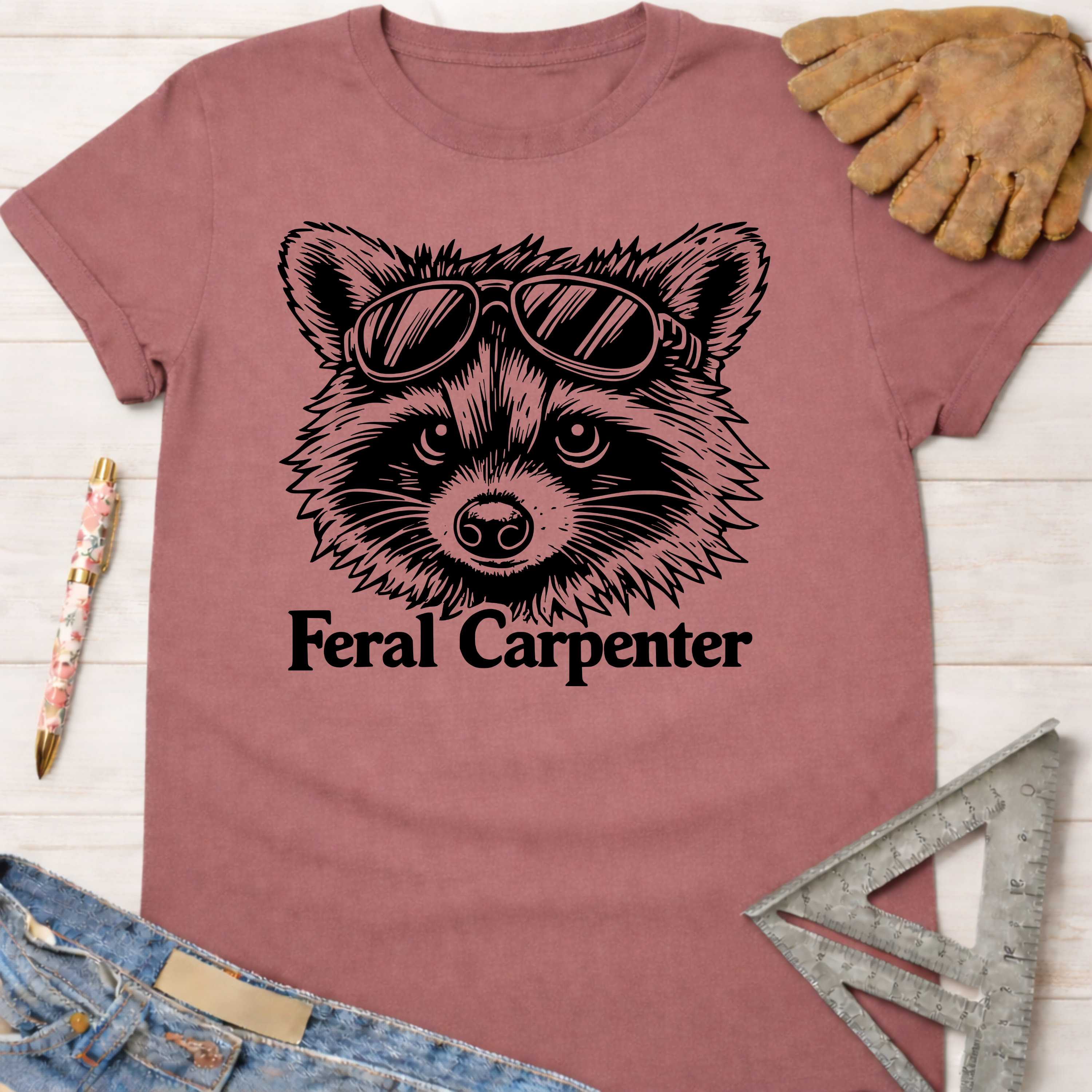 Mauve Feral Carpenter T-shirt with a raccoon wearing sunglasses graphic. Women's funny woodworking graphic tee shirt for female woodworkers, makers, and DIY builders — Sawdust & Ponytails.