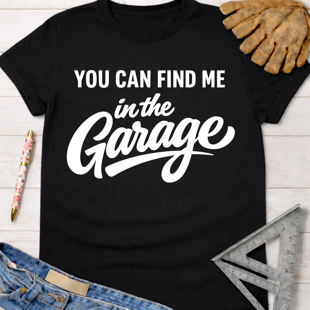 Black women's "You Can Find Me In The Garage" graphic tee shirt. Women's funny woodworking graphic tee shirt for female woodworkers, makers, and DIY builders — Sawdust & Ponytails
