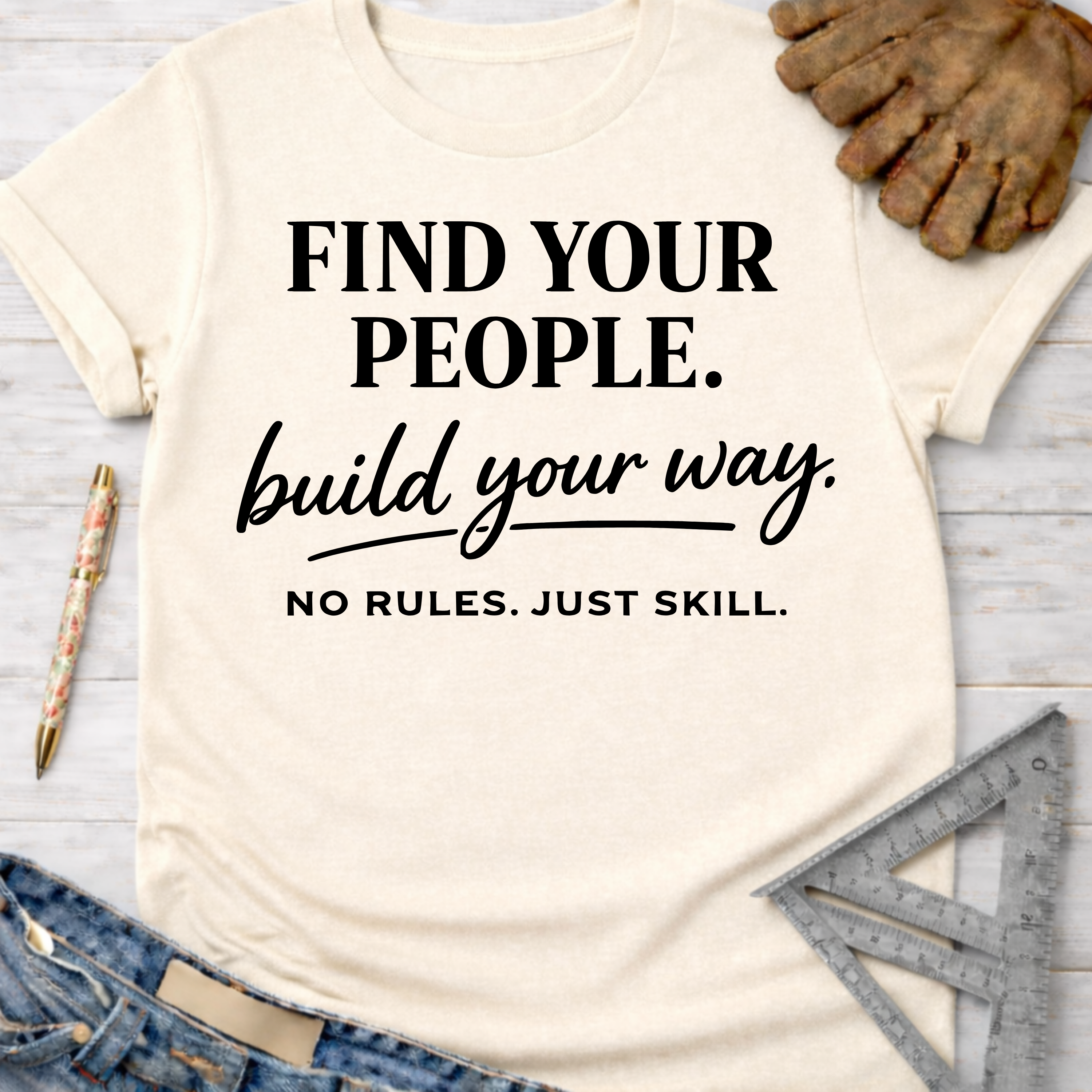 Women's funny woodworking graphic tee shirt for female woodworkers, makers, and DIY builders — Sawdust & Ponytails. Cream t-shirt with "FIND YOUR PEOPLE. build your way. NO RULES. JUST SKILL." text.