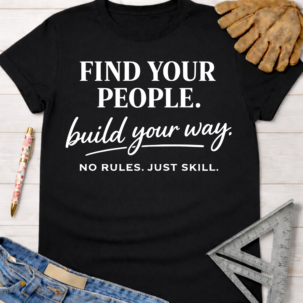 Black cotton "Find Your People. build your way. NO RULES. JUST SKILL." tee. Women's funny woodworking graphic tee shirt for female woodworkers, makers, and DIY builders — Sawdust & Ponytails.