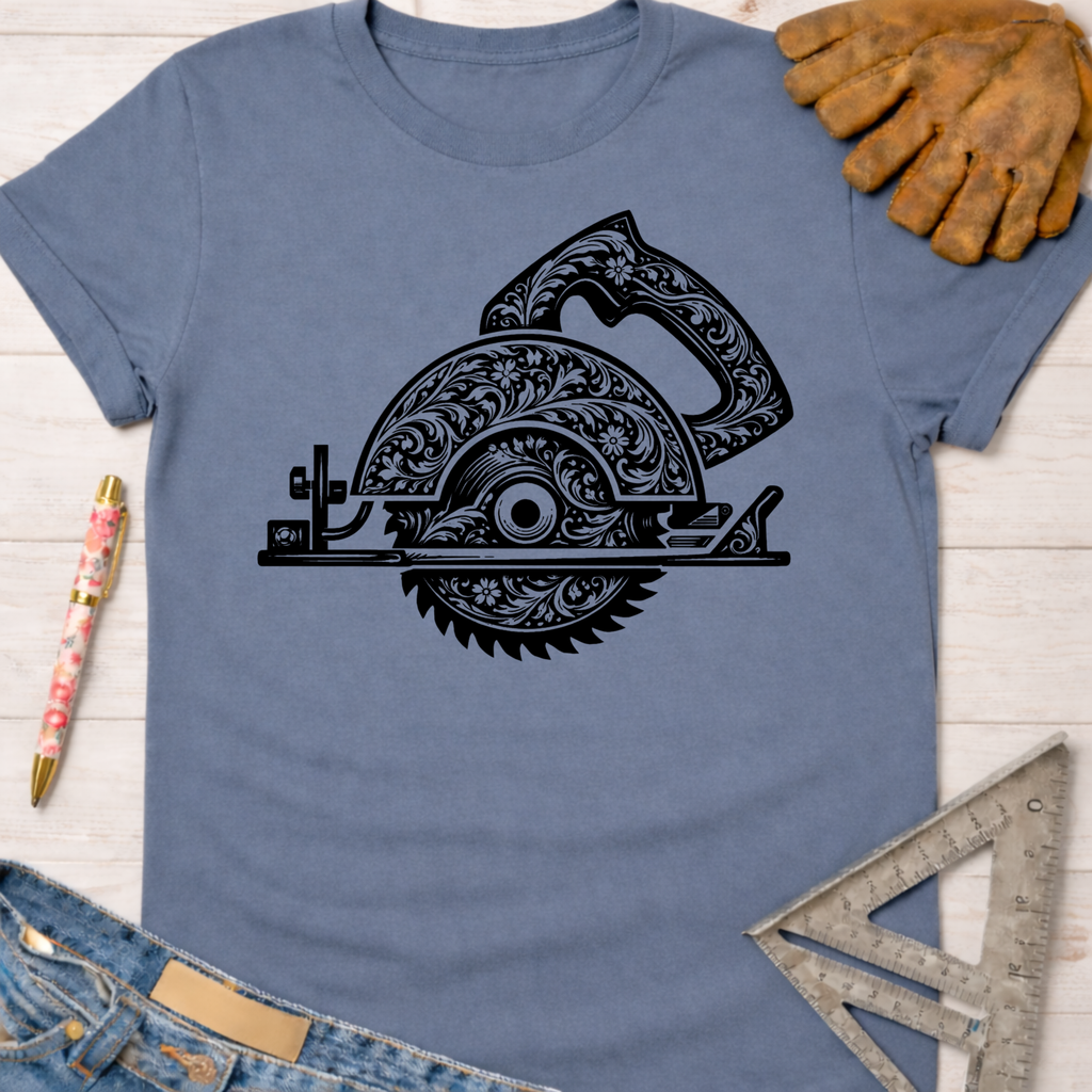 Women's funny woodworking graphic tee shirt for female woodworkers, makers, and DIY builders — Sawdust & Ponytails. Blue t-shirt with a black floral engraved circular saw design.