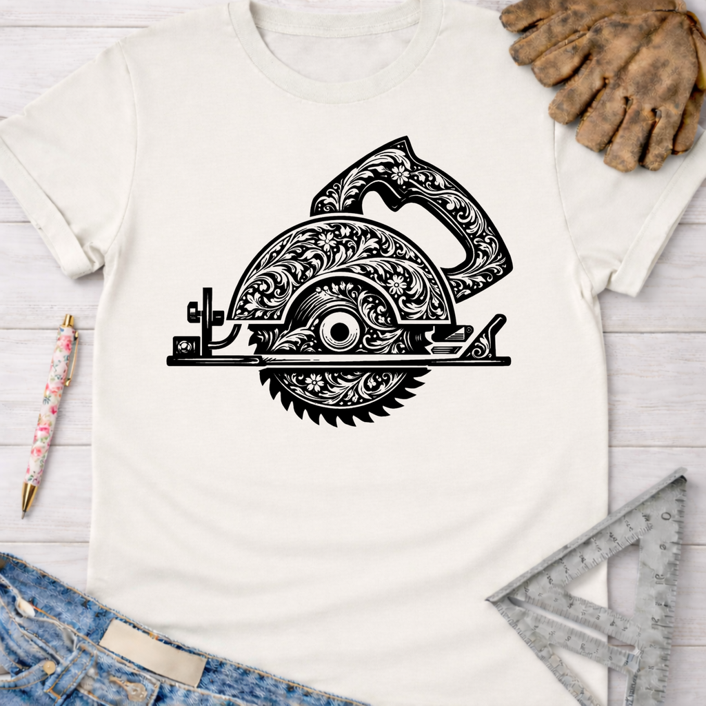 Women's funny woodworking graphic tee shirt for female woodworkers, makers, and DIY builders — Sawdust & Ponytails. White cotton t-shirt with a black, ornate floral engraved circular saw design.