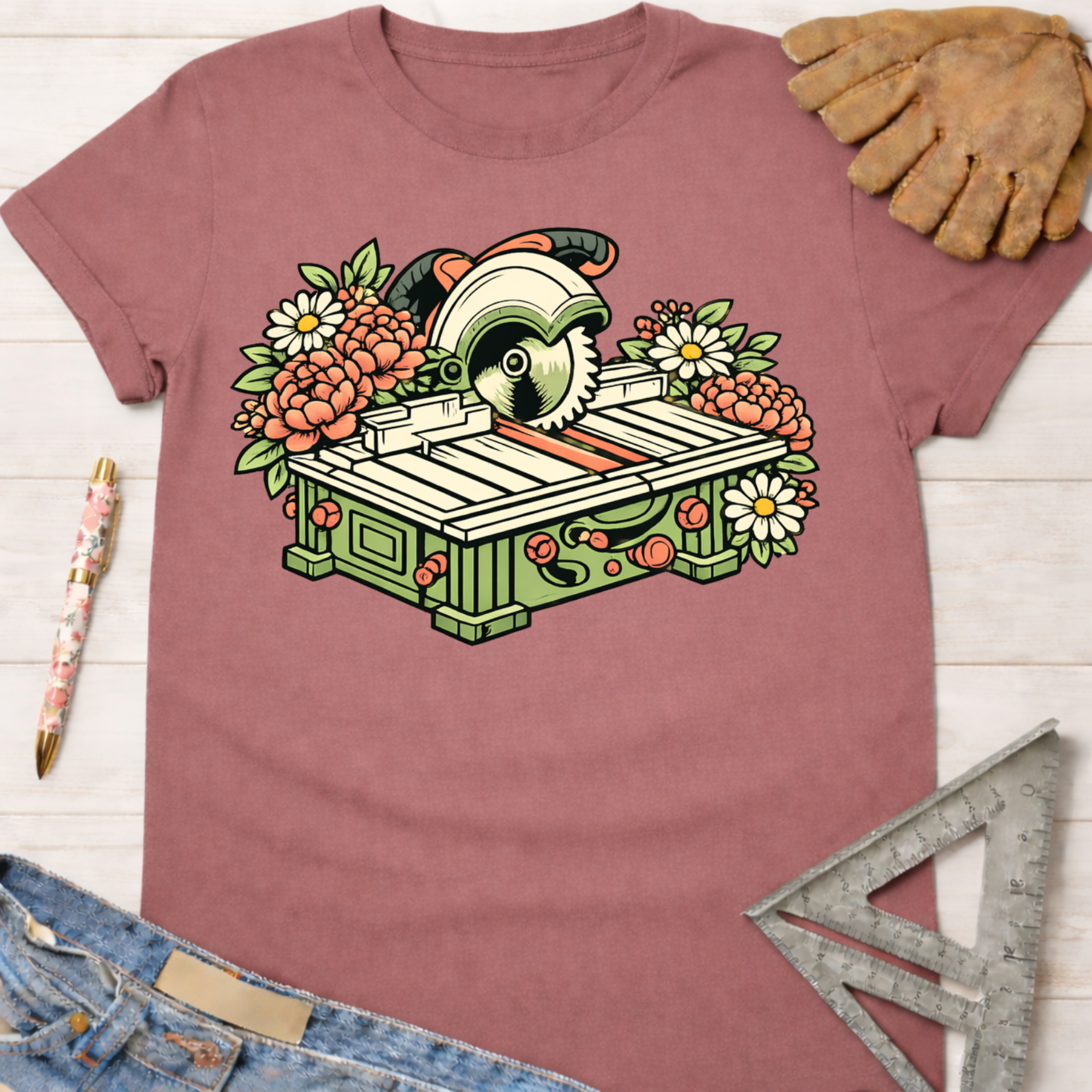 Women's funny woodworking graphic tee shirt for female woodworkers, makers, and DIY builders — Sawdust & Ponytails. Mauve t-shirt with a floral table saw graphic.