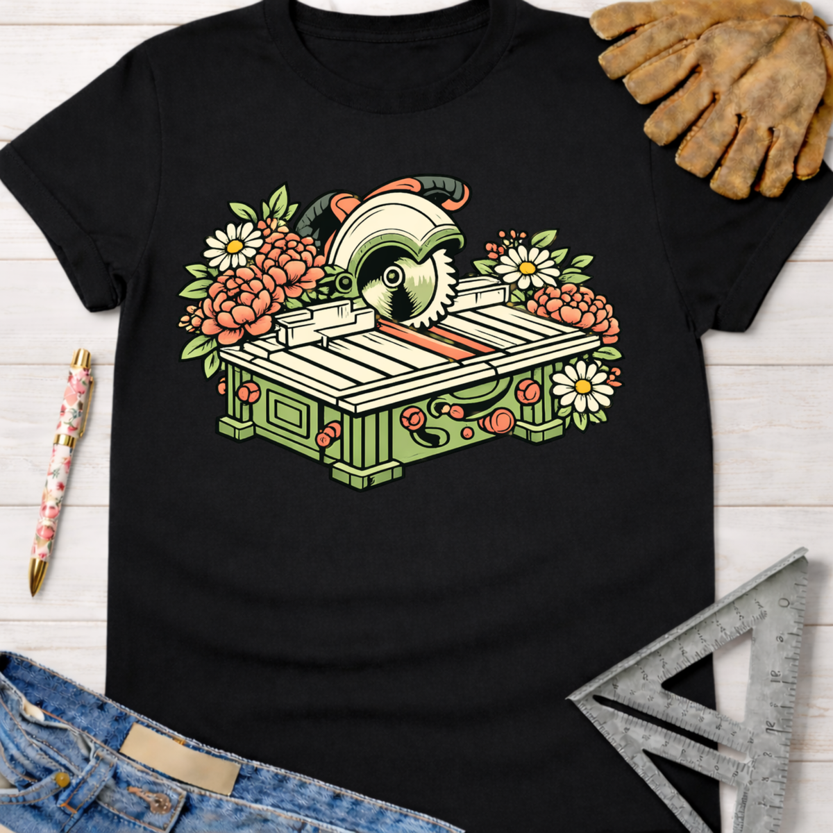 Black cotton t-shirt with a floral table saw graphic. Women's funny woodworking graphic tee shirt for female woodworkers, makers, and DIY builders — Sawdust & Ponytails