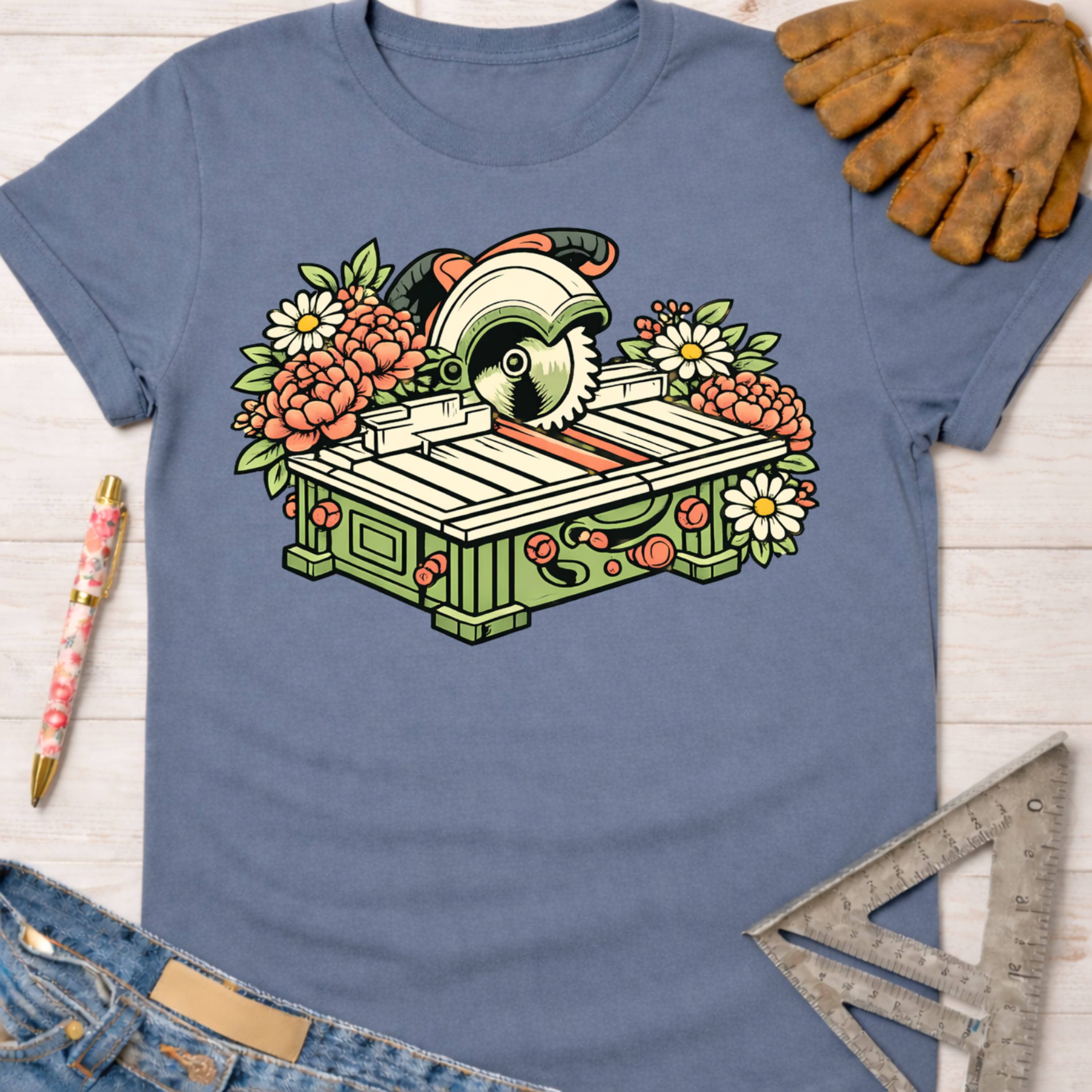Women's funny woodworking graphic tee shirt for female woodworkers, makers, and DIY builders — Sawdust & Ponytails. Blue cotton tee with a colorful floral table saw graphic.